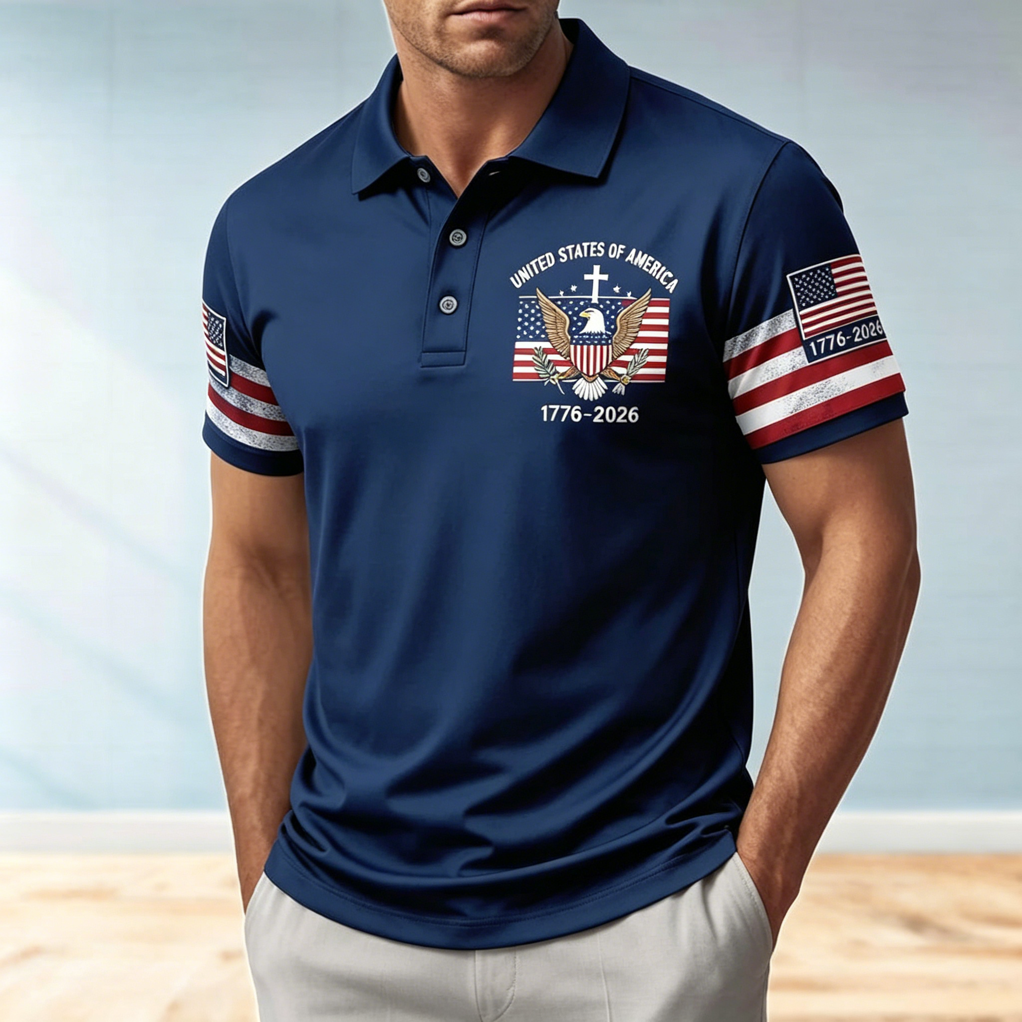 USA 250th Anniversary 1776-2026 Bald Eagle Patriotic Golf Polo Shirt | American Flag Short Sleeve Polo