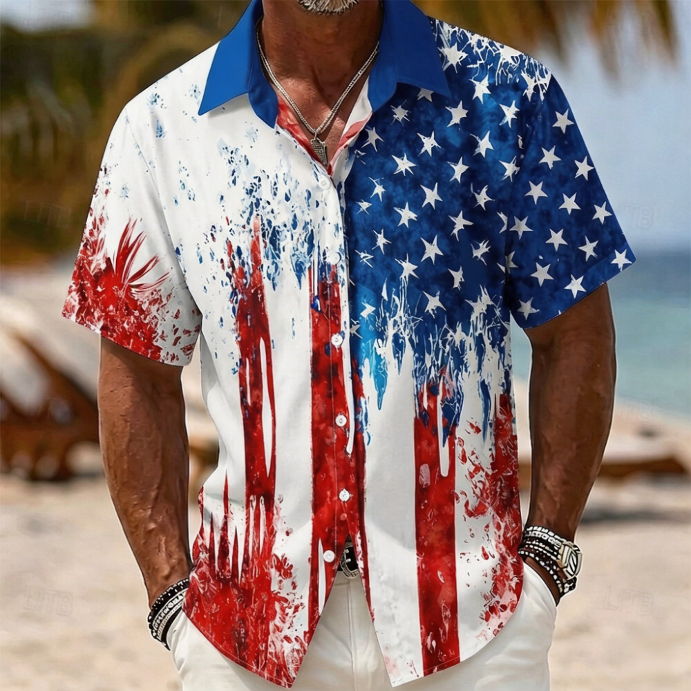 Vintage American Flag Paint Stroke Shirt – Patriotic Red White Blue Star Stripe Print, Mens Lightweight Vacation Casual Top