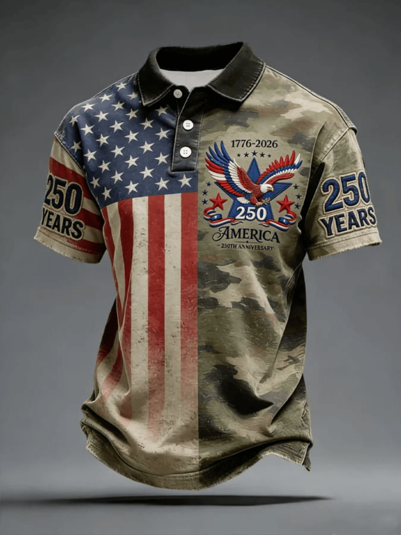 USA 250th Anniversary Camo & Flag Golf Polo Shirt – Split Design American Eagle Print, Patriotic Quick Dry Short Sleeve Casual Top