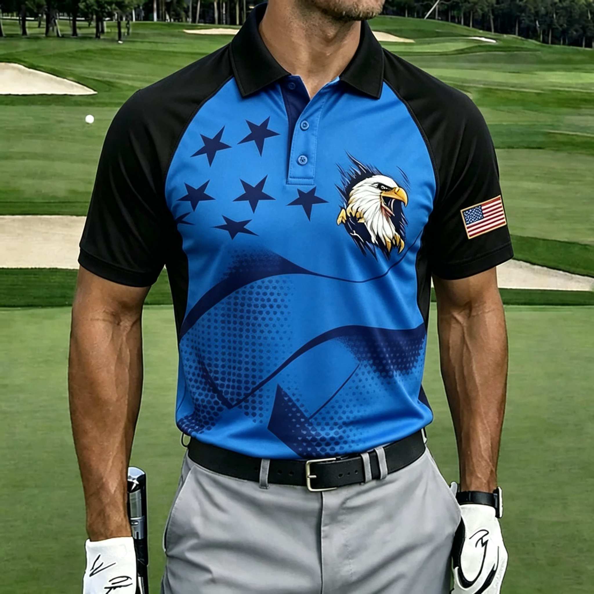 Men’s American Flag Eagle Golf Shirt, Moisture-Wicking Patriotic Short Sleeve Polo
