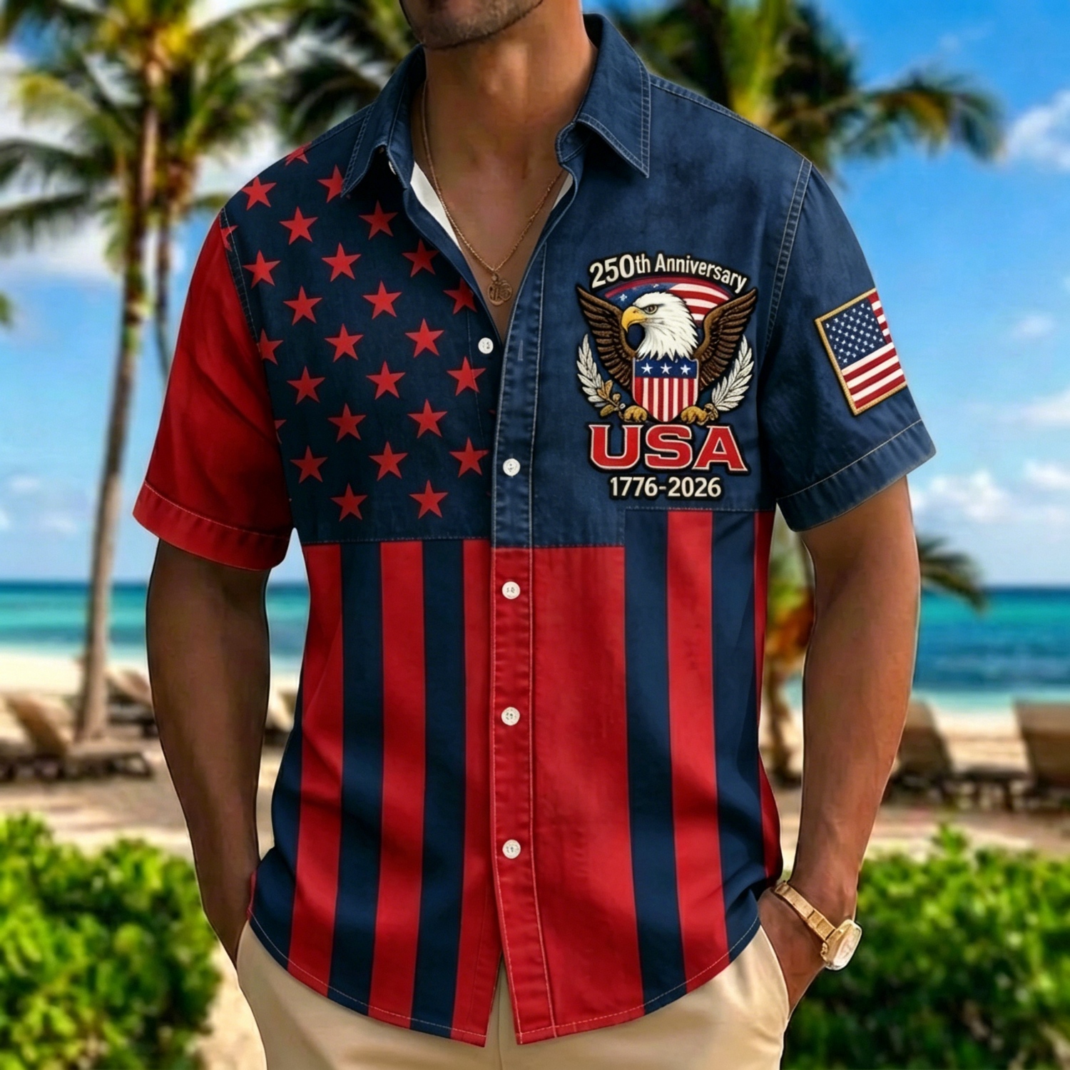 Retro Star & Stripe USA Eagle Hawaiian Shirt – Distressed Denim Flag Design with 1776-2026 Patch, Beach Vacation Top
