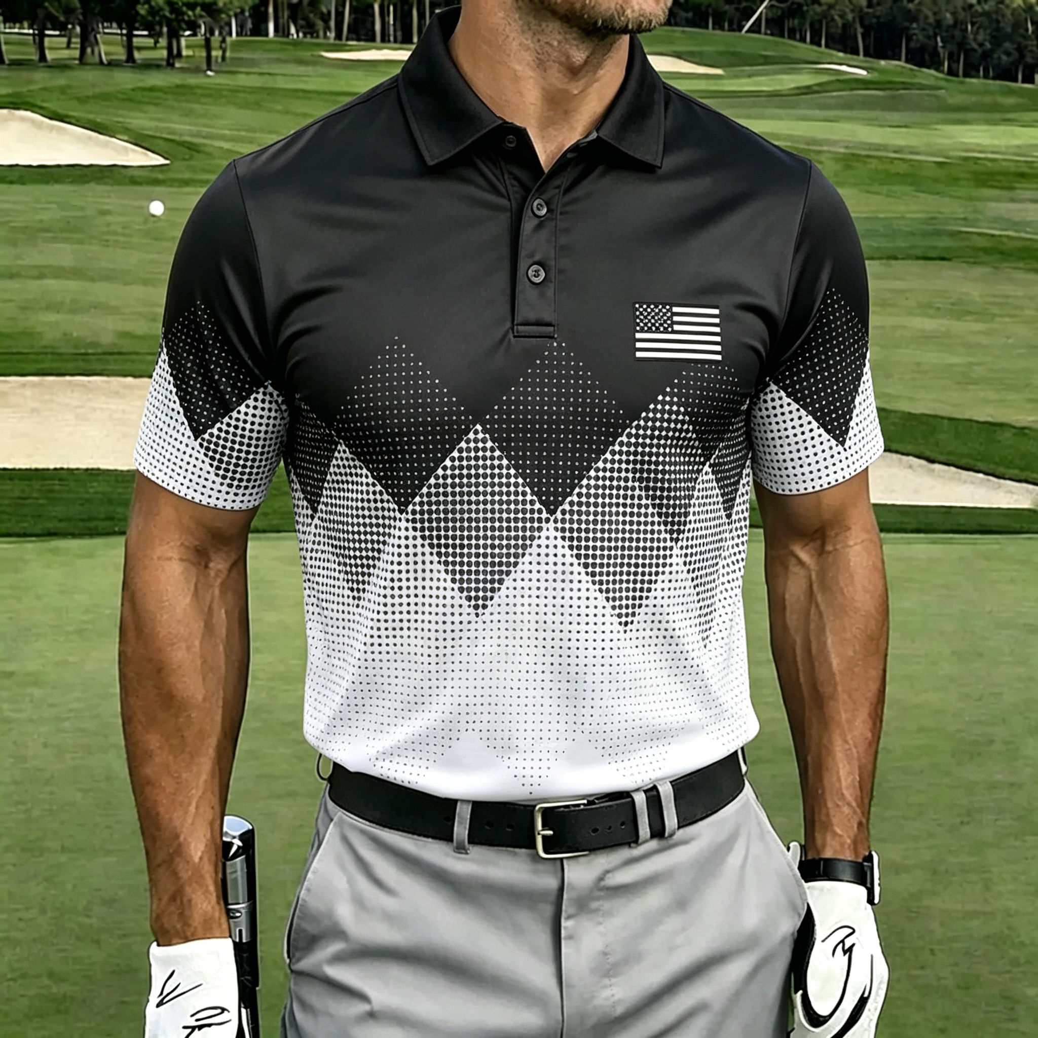 USA Flag Argyle Pattern Golf Shirt, Men’s Athletic Performance Polo for Sports & Casual