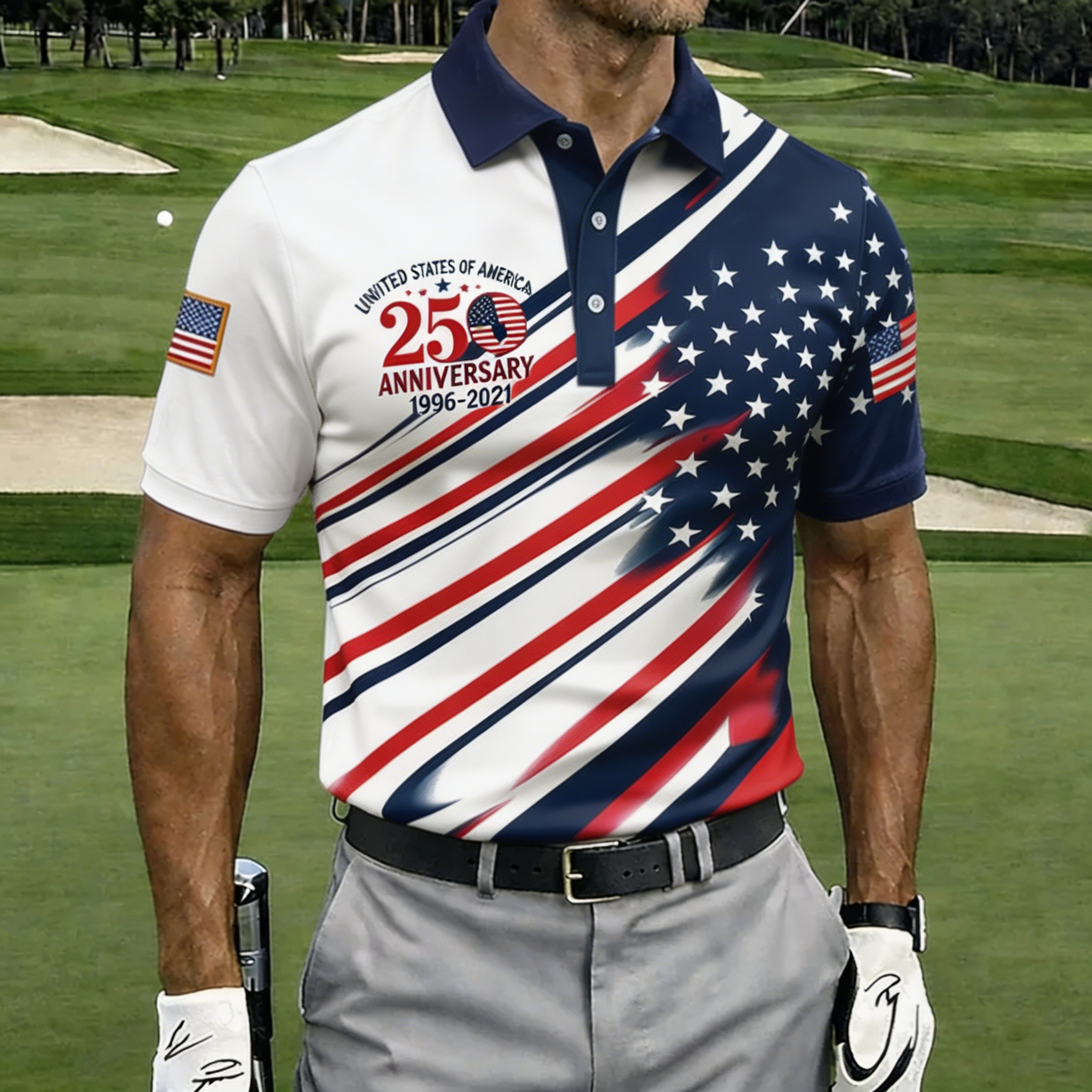 USA 250th Anniversary American Flag Golf Polo Shirt