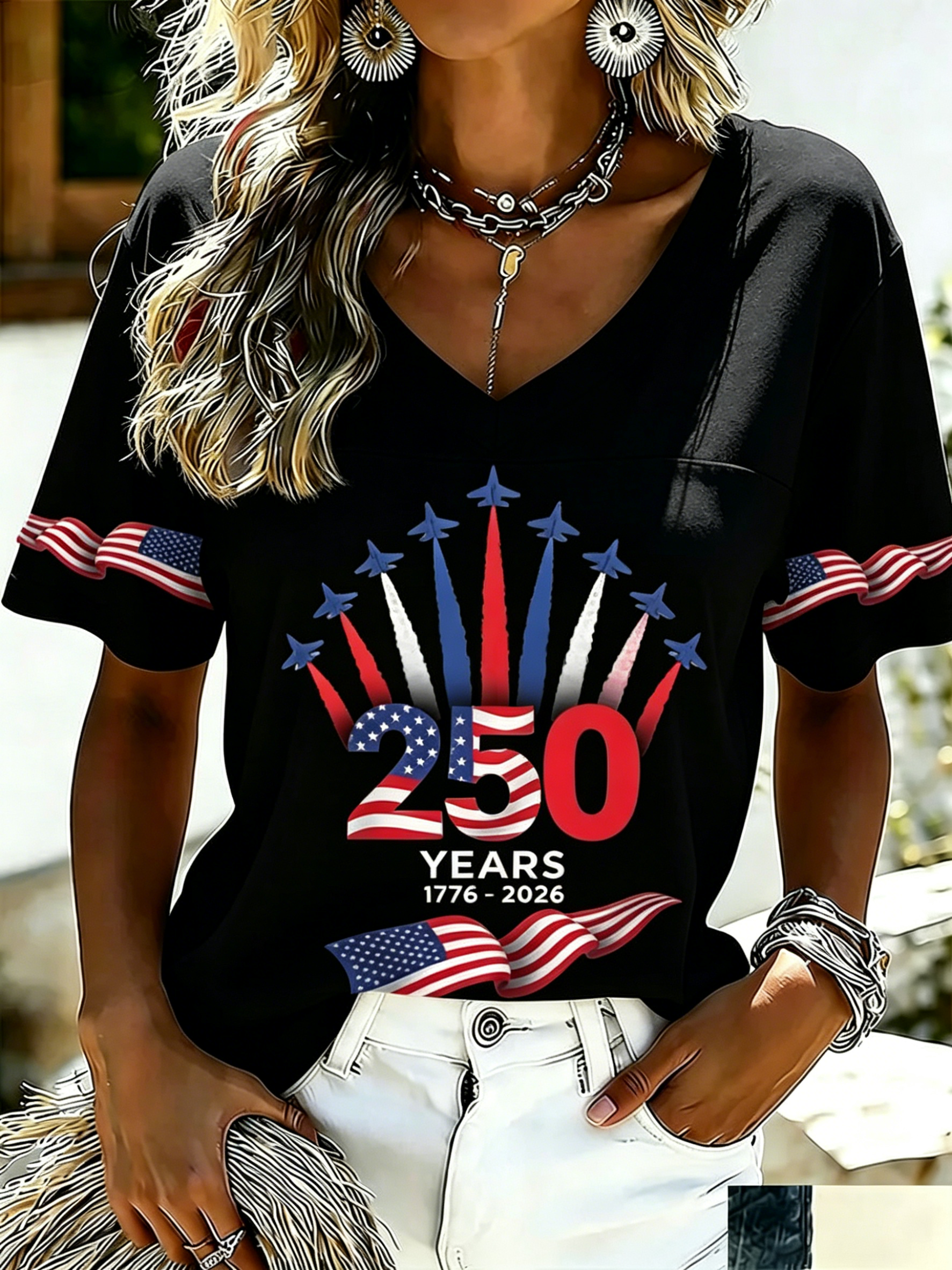 Women's USA 250th Anniversary "Air Show Fireworks" V-Neck T-Shirt