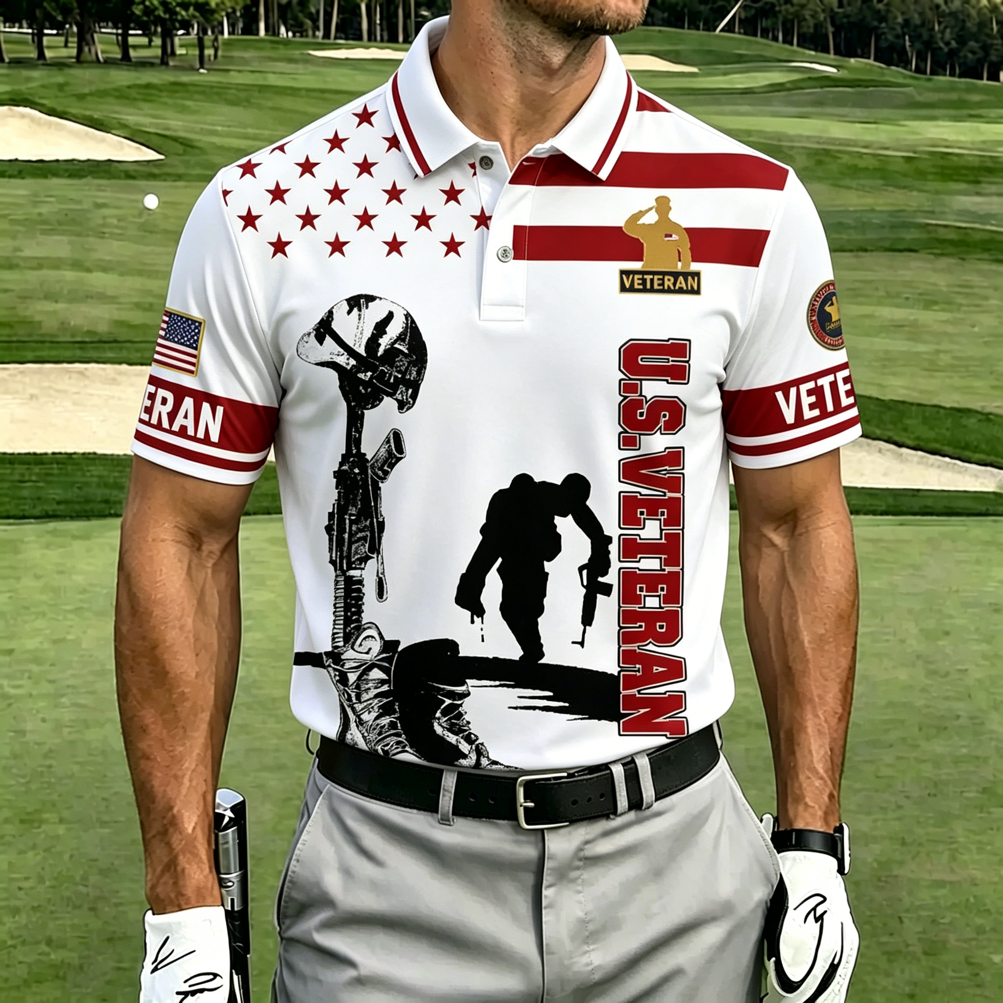 U.S. Veteran Patriotic Golf Polo Shirt – All Over Print, Moisture-Wicking, Military Tribute Design