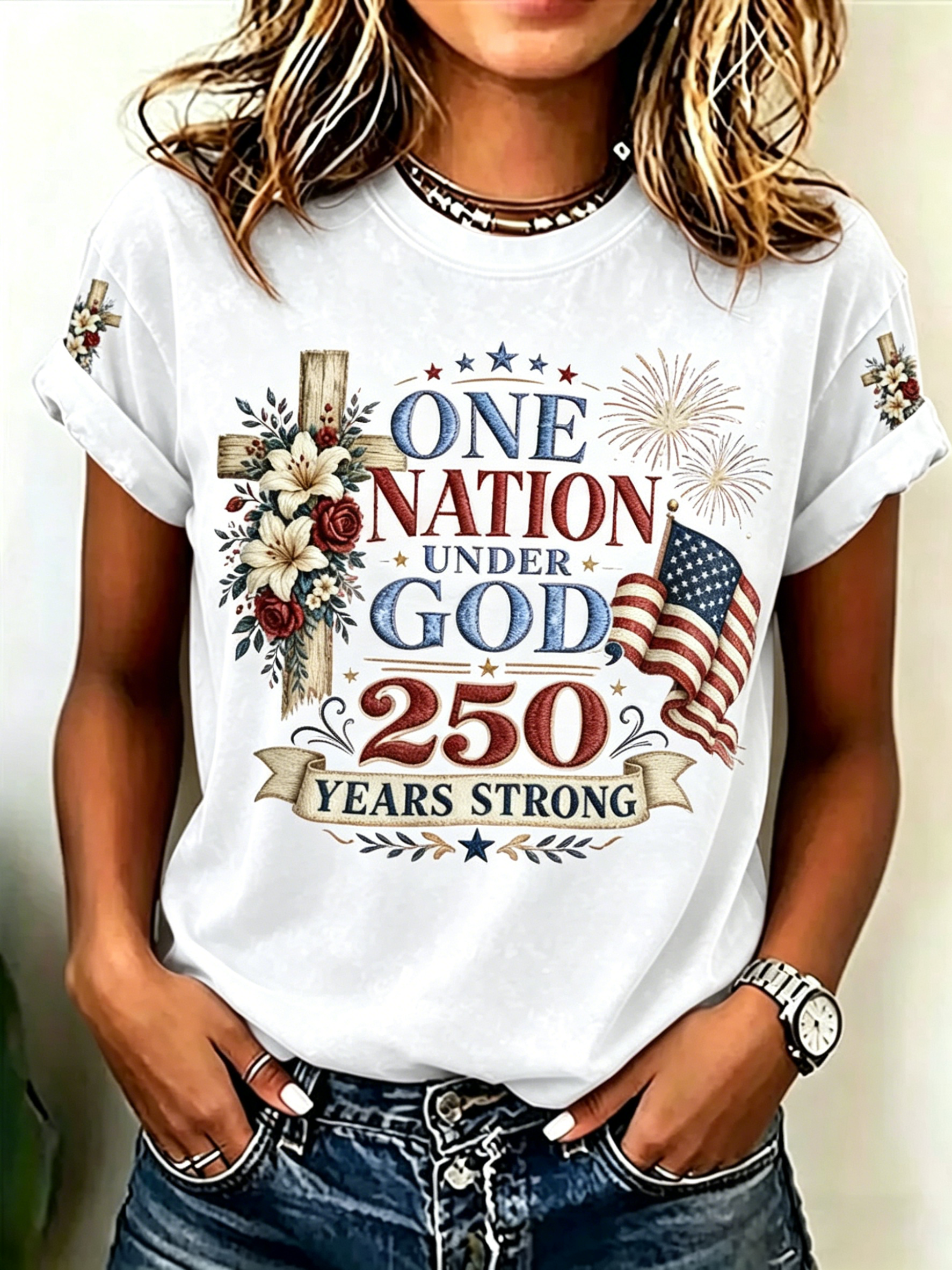 Women's "One Nation Under God 250 Years Strong" Patriotic Cross & Flag Print Short-Sleeve T-Shirt