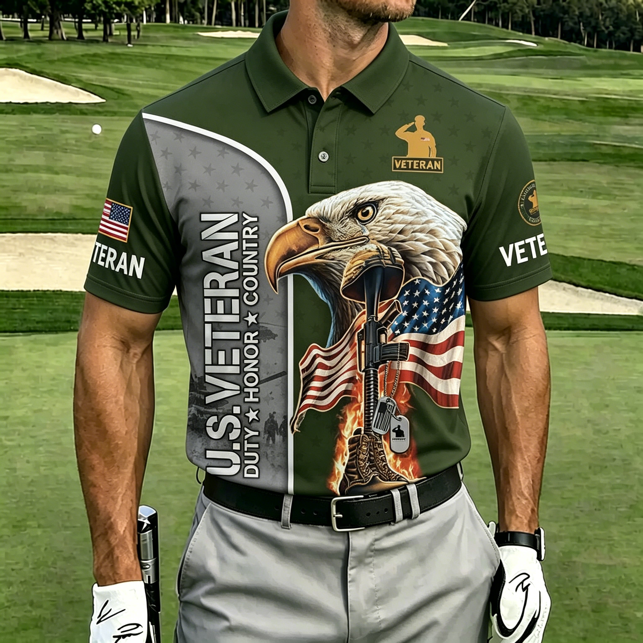 U.S. Veteran Eagle & American Flag Golf Polo Shirt – All Over Print, Moisture-Wicking, Patriotic Tribute