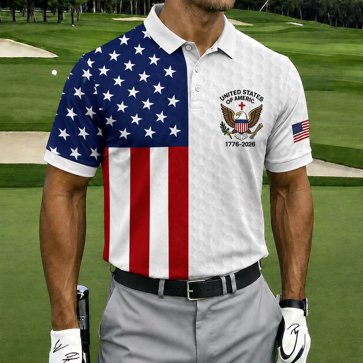 USA Patriotic Performance Golf Polo Shirt – Split Flag & Eagle Seal Print, Breathable Short Sleeve Casual Top