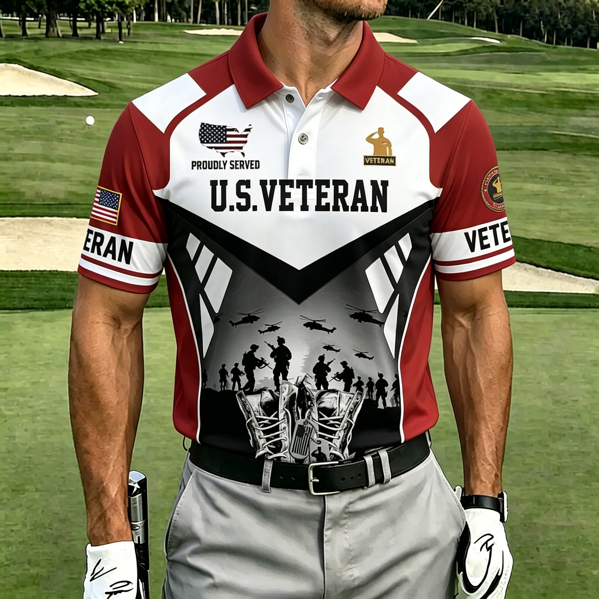 [Copy]U.S. Veteran Military Aircraft Flag Golf Polo Shirt – All Over Print, Moisture-Wicking, Patriotic Tribute