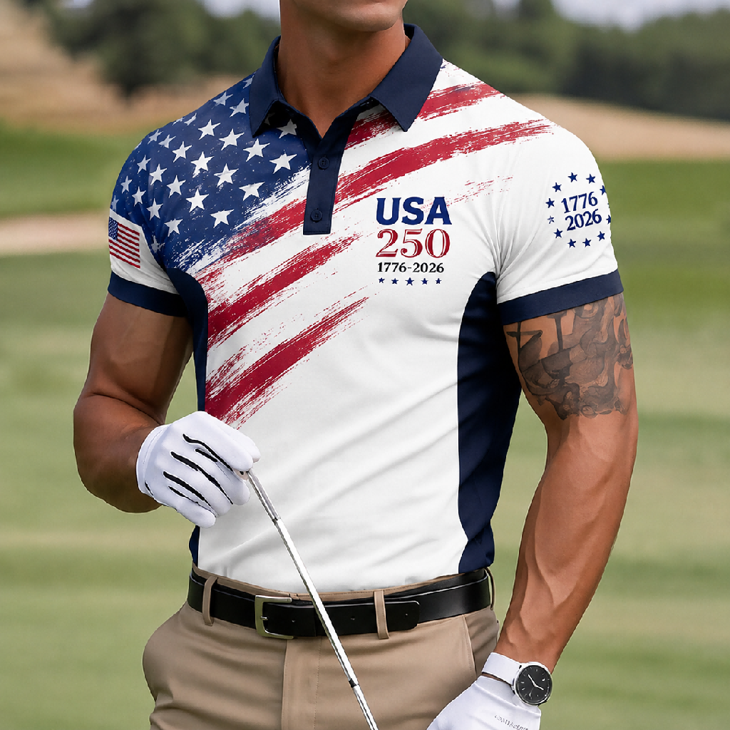 USA 250th Anniversary Performance Golf Polo Shirt – Vintage Brushstroke American Flag Print, Quick Dry Short Sleeve Sports Casual Top