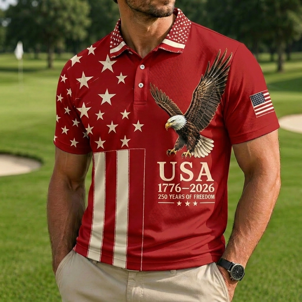 Men's Patriotic Eagle & USA Flag Print Golf Polo Shirt, 1776-2026 250 Years of Freedom Short Sleeve Casual Top