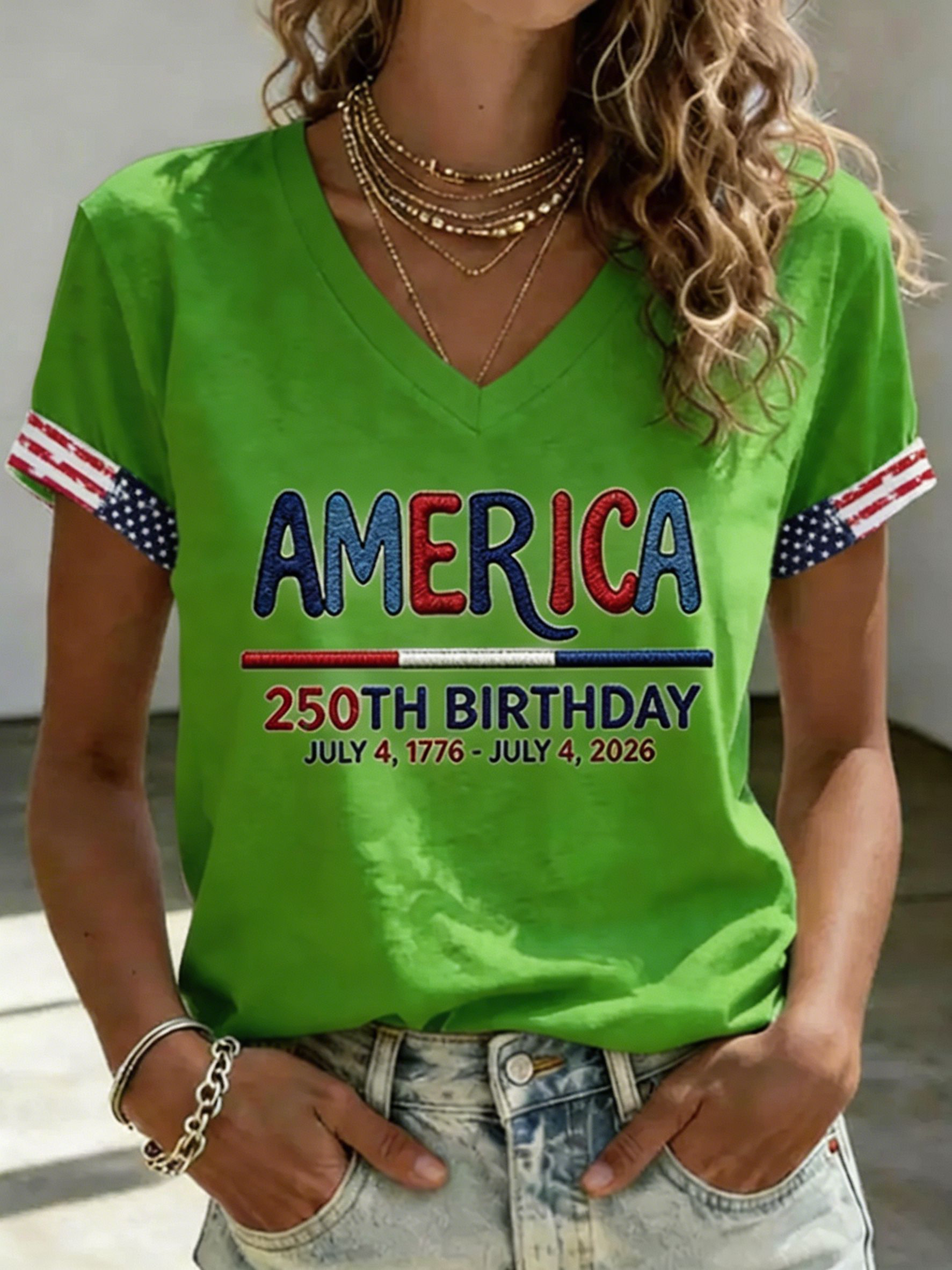 Patriotic USA 250th Anniversary T-Shirt, "AMERICA" Print Star-Stripe Cuff Casual Top
