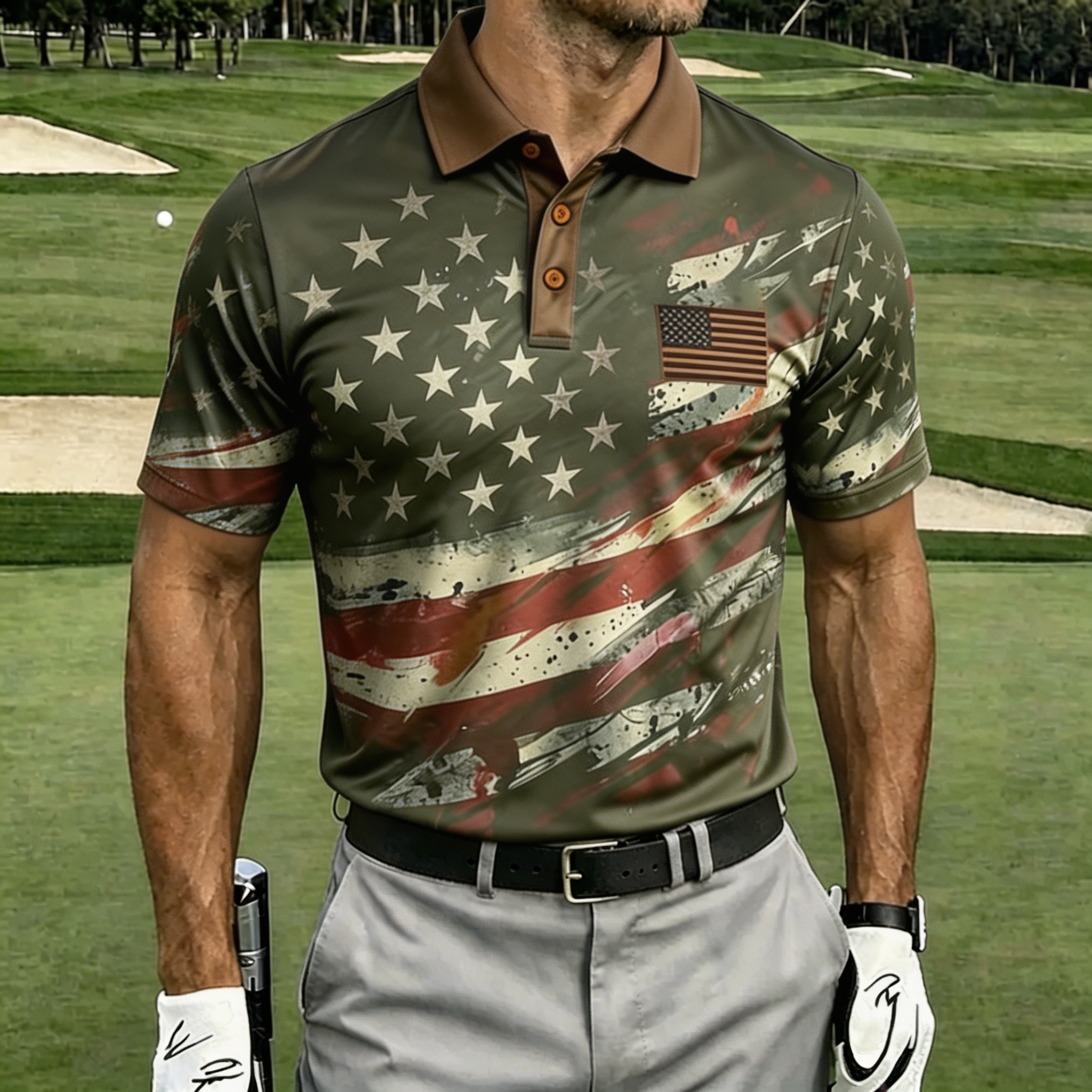 USA Flag Argyle Pattern Golf Shirt, Men’s Athletic Performance Polo for Sports & Casual