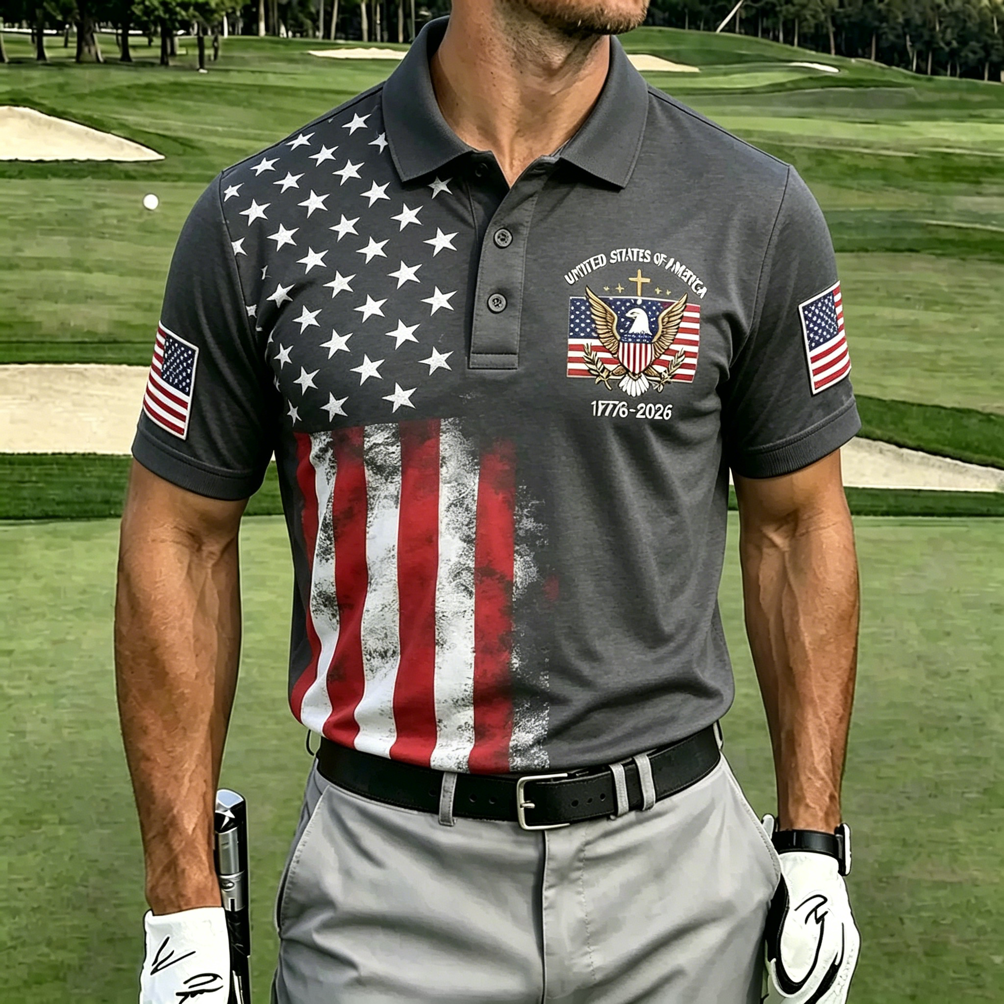 America 250th Anniversary Golf Polo Shirt – Navy Blue with Presidential Seal & Diagonal "AMERICA 250" Print, Patriotic Performance Top