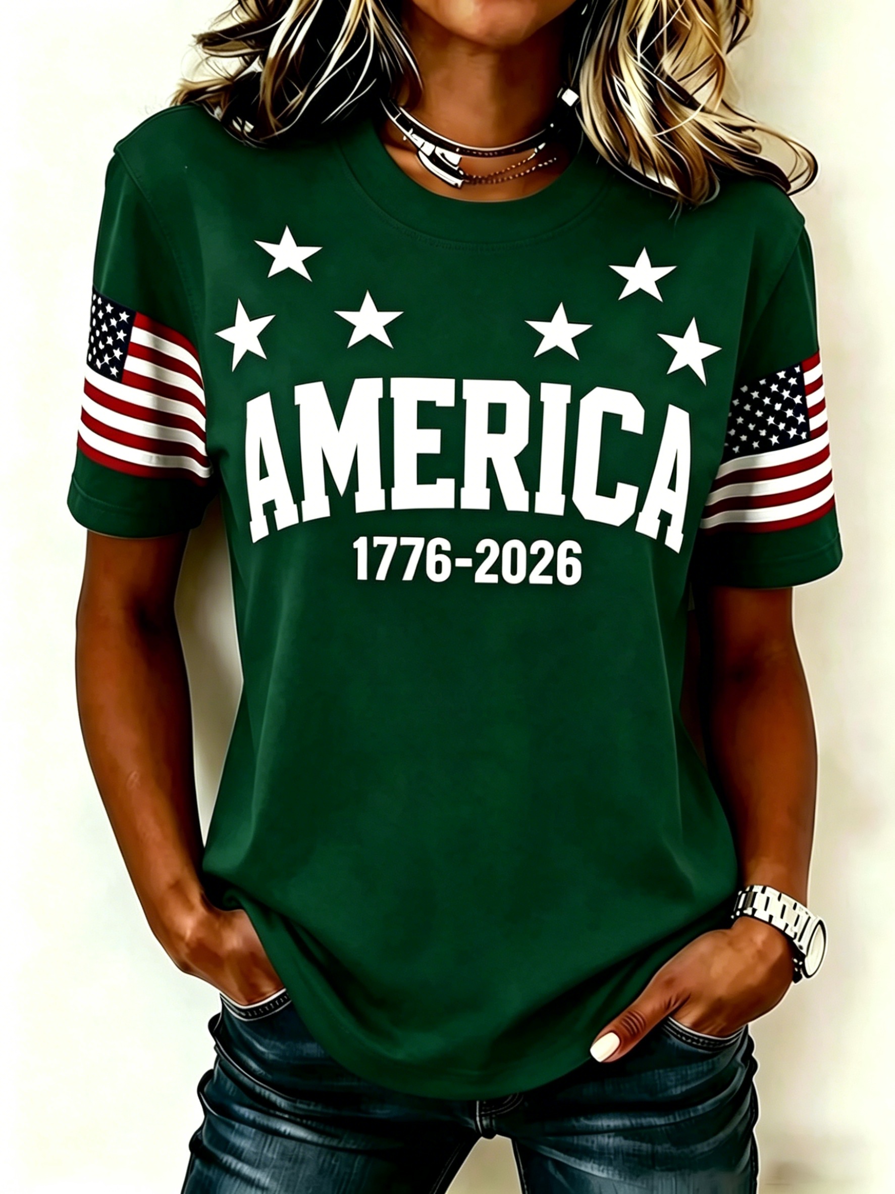 Retro USA Flag Sleeve Tee – "AMERICA 1776-2026" Text with Star Detail, Crew Neck Casual Top