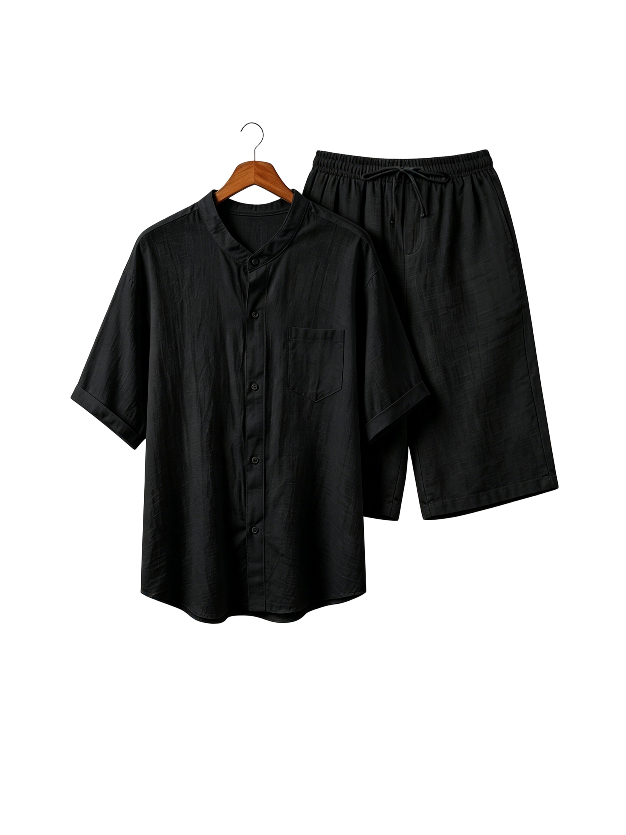 Men’s linen two-piece summer set: short-sleeved shirt with a stand-up collar paired with shorts with an elastic waistband