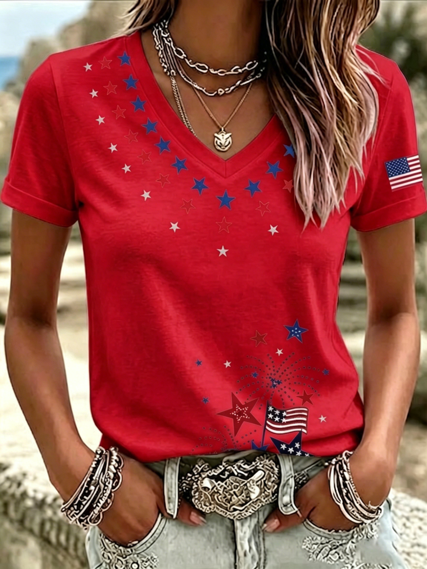 Women's 4th of July Star Fireworks American Flag V Neck T-Shirt, Patriotic USA Independence Day Short Sleeve Casual Tee