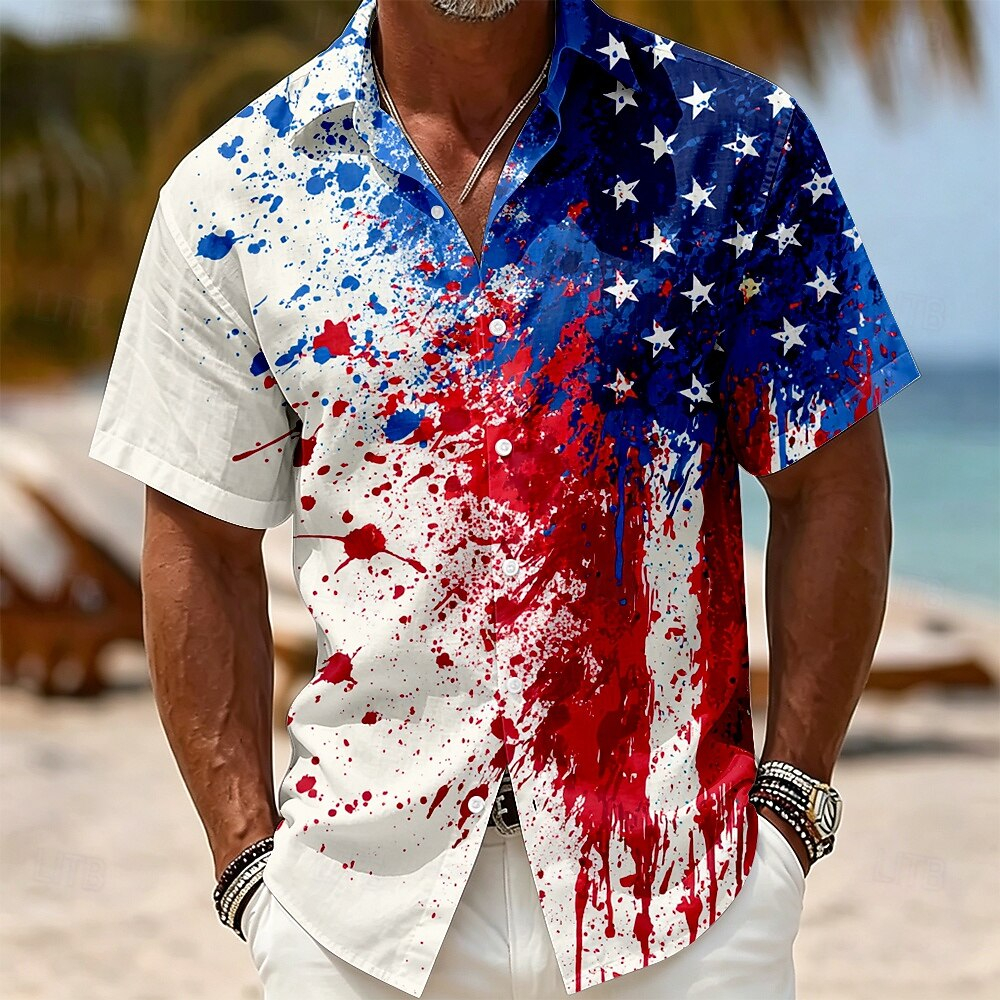Vintage American Flag Paint Stroke Shirt – Patriotic Red White Blue Star Stripe Print, Mens Lightweight Vacation Casual Top