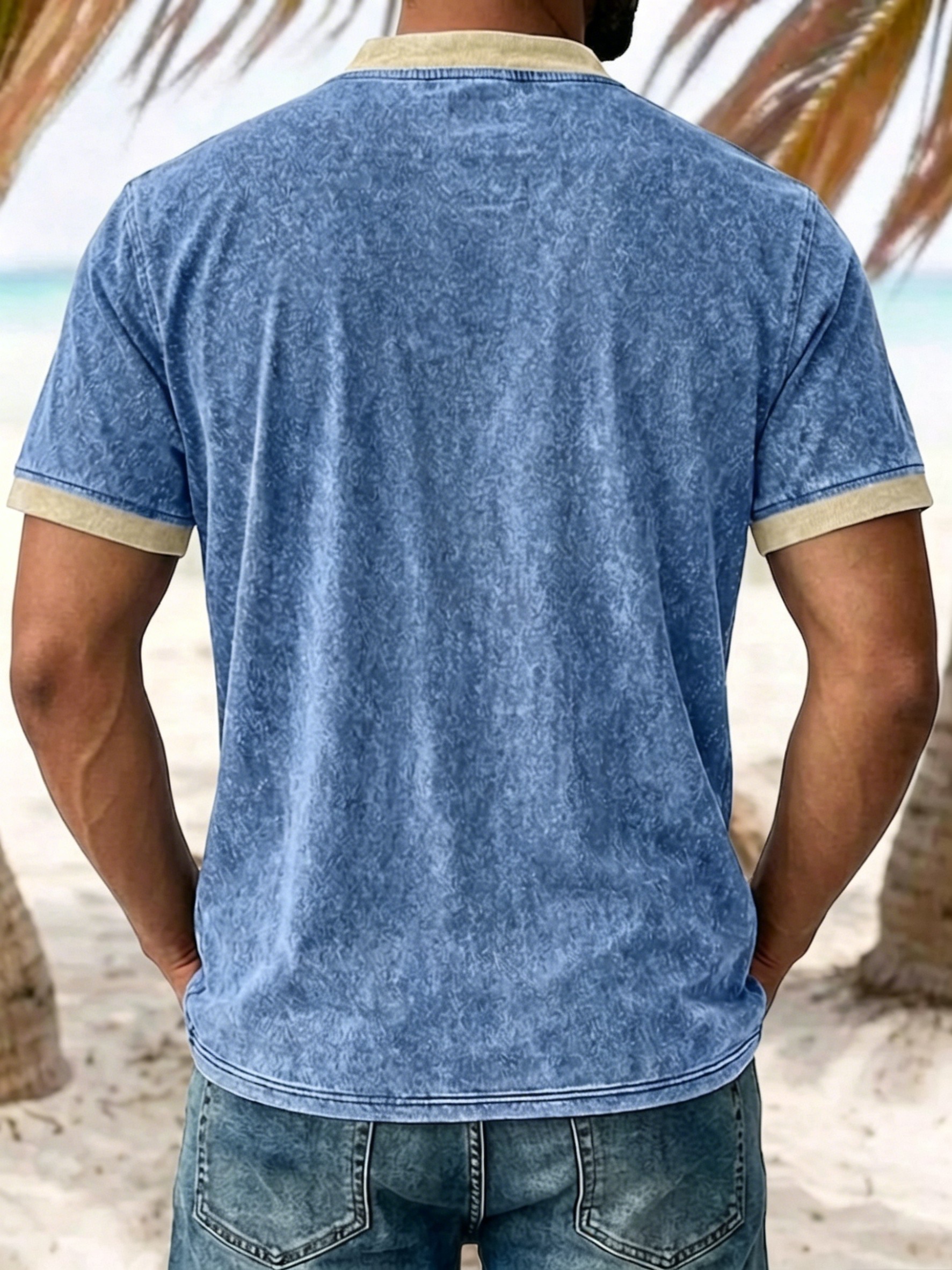 Men's Casual Washed Henley T-Shirt, Short Sleeve Contrast Trim Pocket Tee