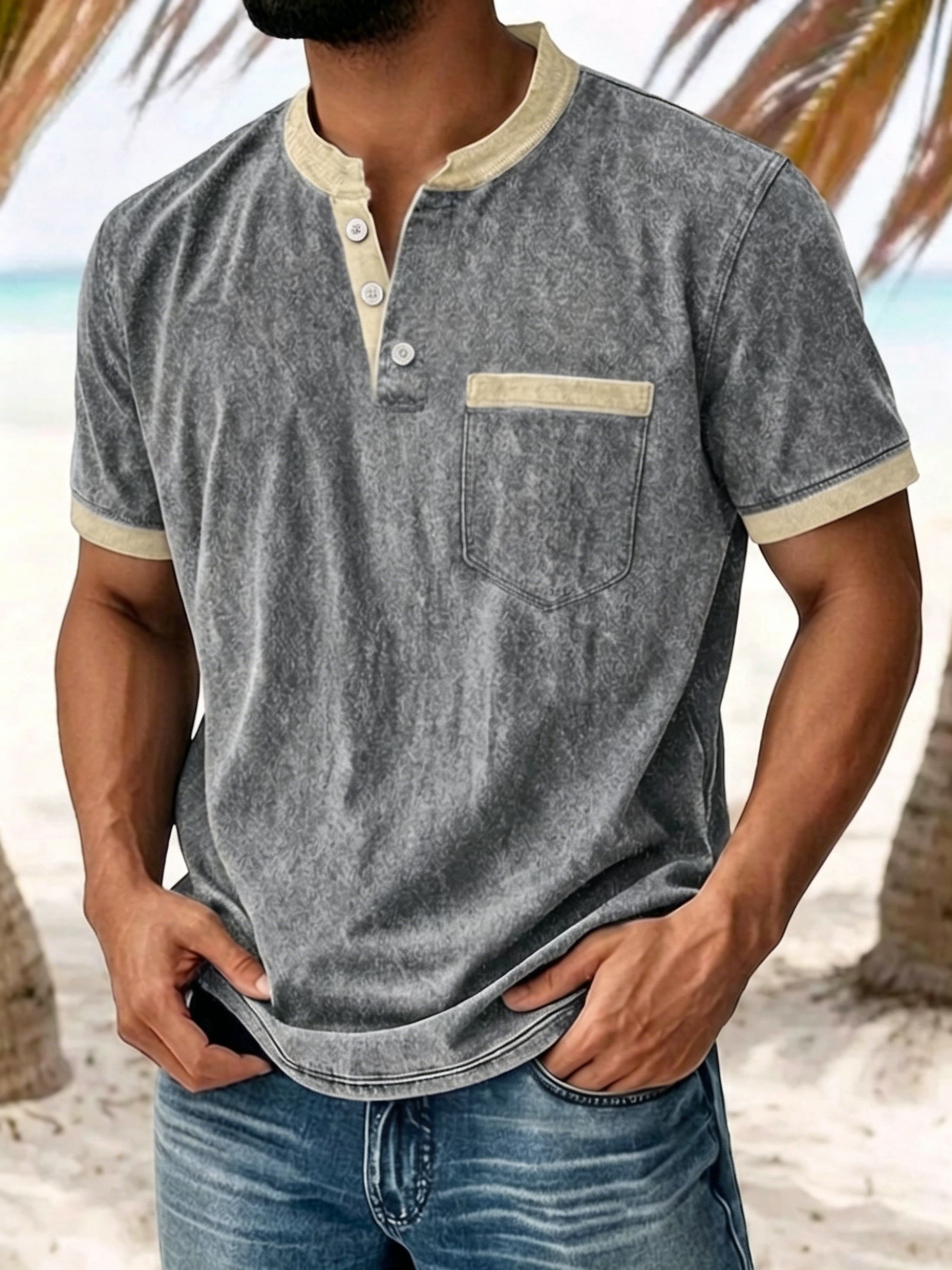 Men's Casual Washed Henley T-Shirt, Short Sleeve Contrast Trim Pocket Tee
