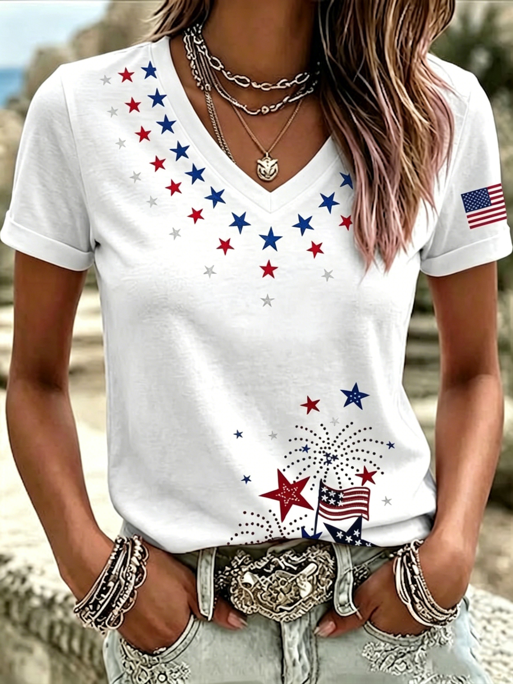 Women's 4th of July Star Fireworks American Flag V Neck T-Shirt, Patriotic USA Independence Day Short Sleeve Casual Tee