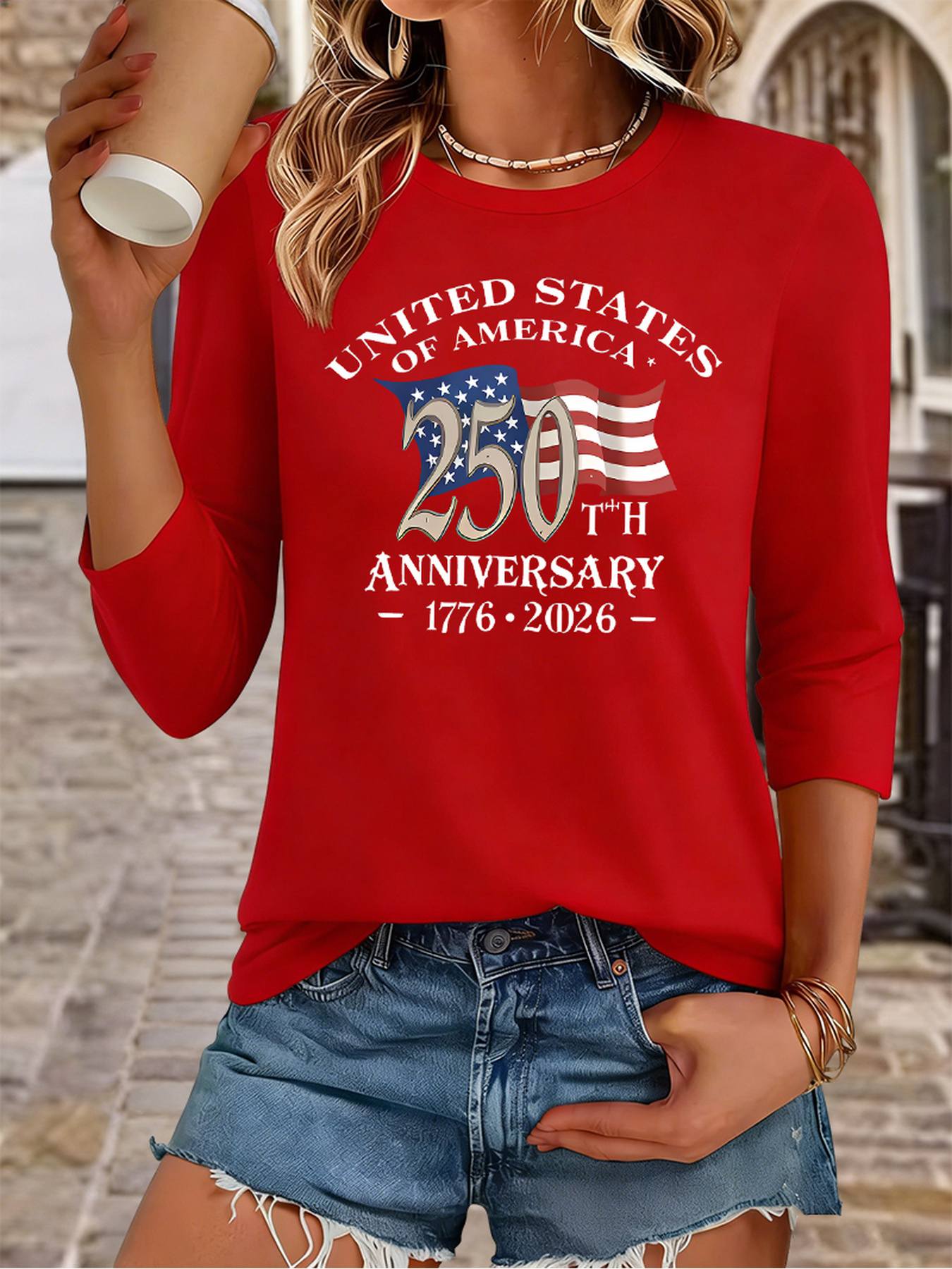 Women's USA 250th Anniversary 1776-2026 Flag Print 3/4 Sleeve Casual T-Shirt