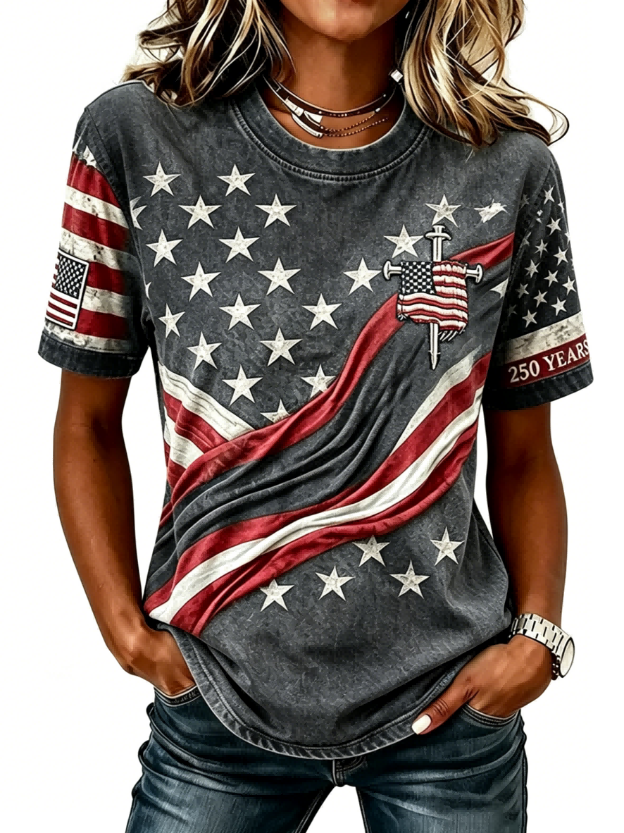 USA Flag Star Print 250th Anniversary Casual Denim-Style T-Shirt