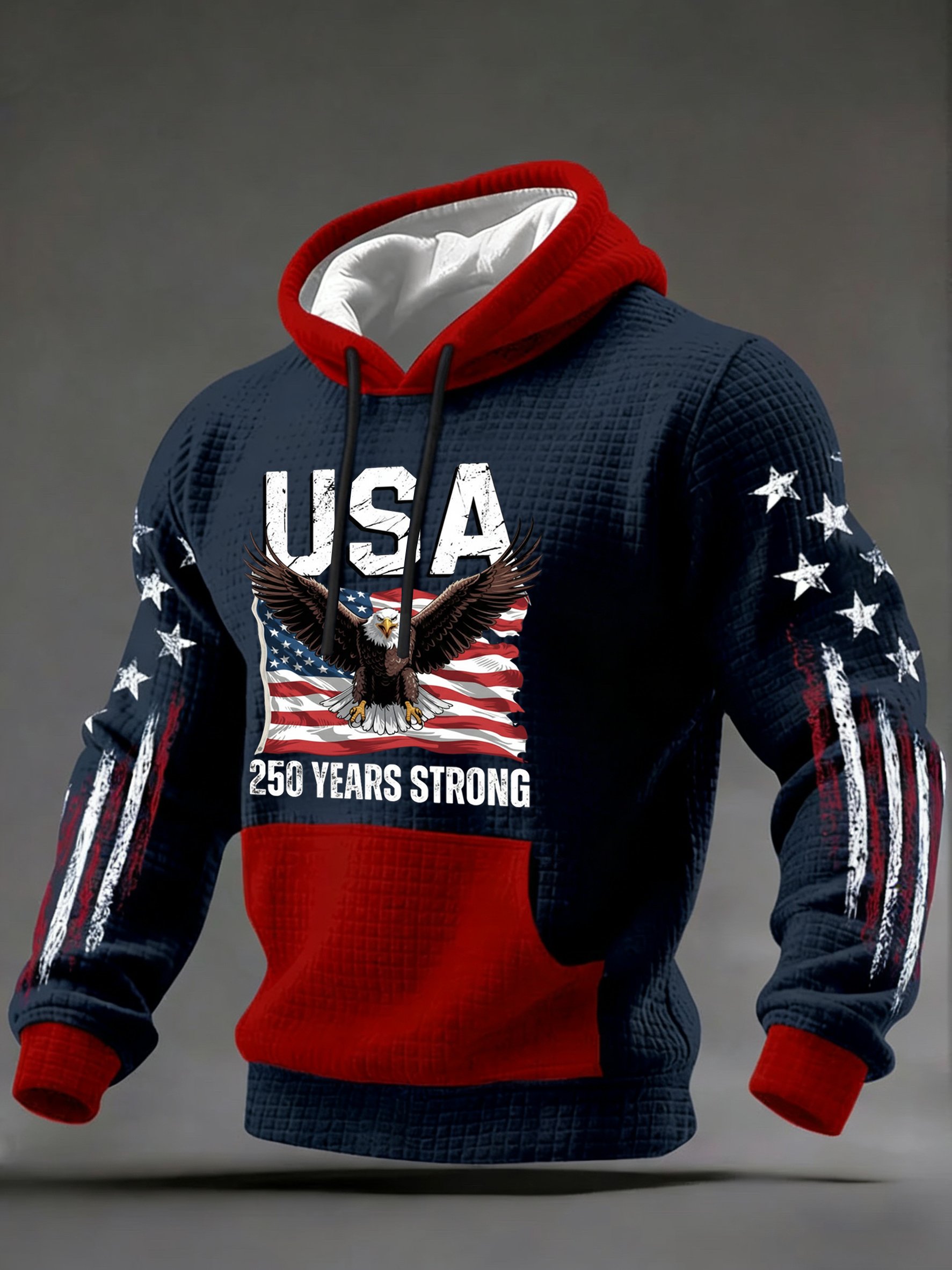 Men’s USA 250 Years Strong Waffle Knit Hoodie – Patriotic Eagle & Flag Print Pullover