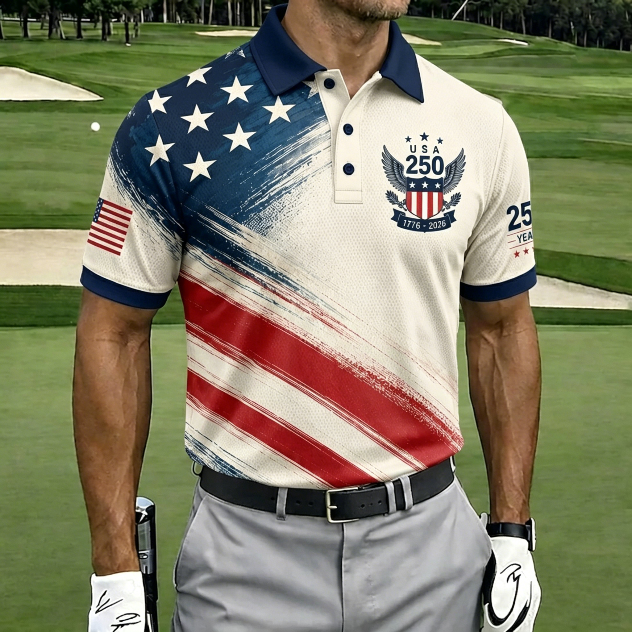 USA Patriotic Performance Golf Polo Shirt – Split Flag & Eagle Seal Print, Breathable Short Sleeve Casual Top