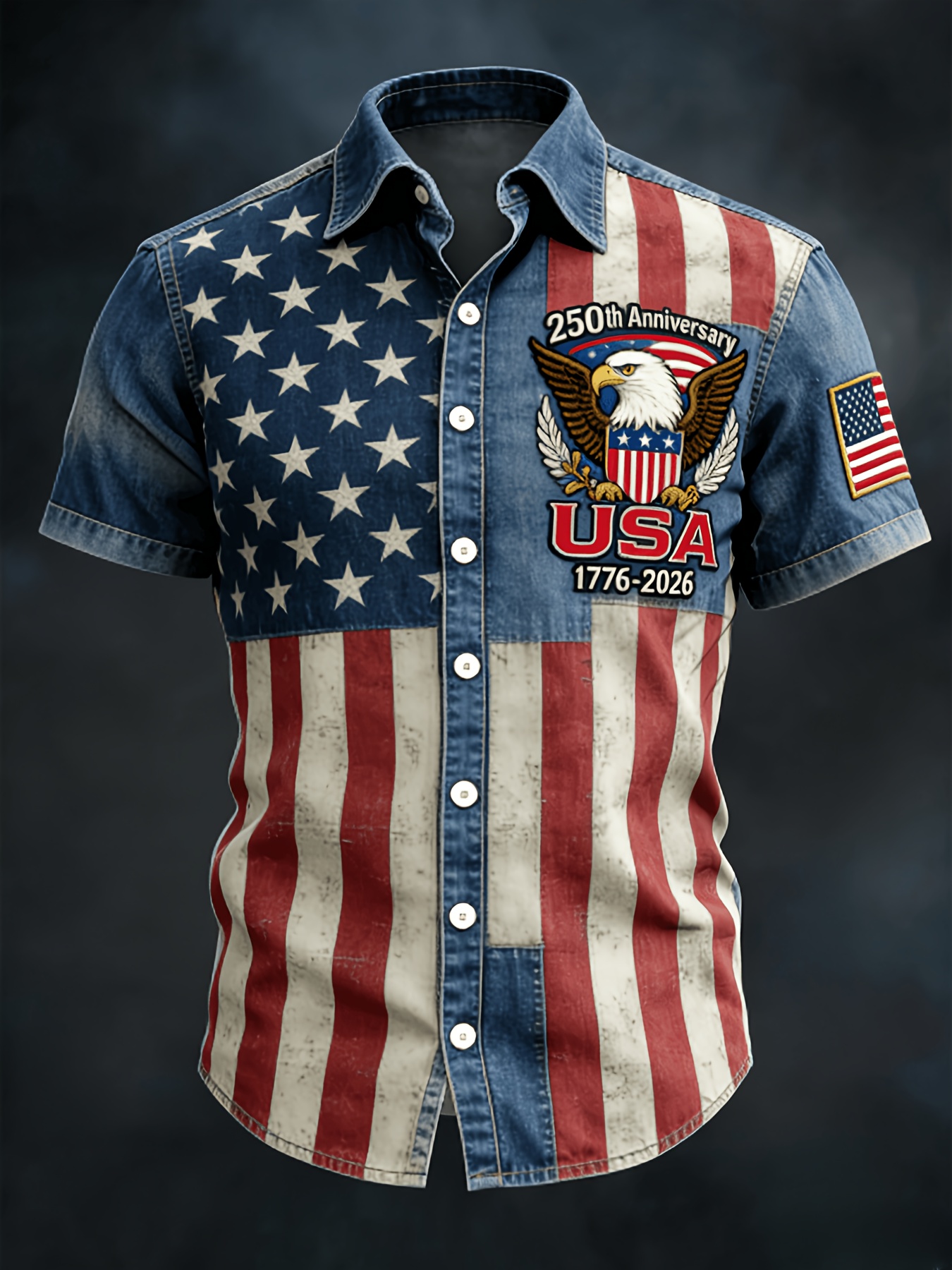 Retro Star & Stripe USA Eagle Hawaiian Shirt – Distressed Denim Flag Design with 1776-2026 Patch, Beach Vacation Top