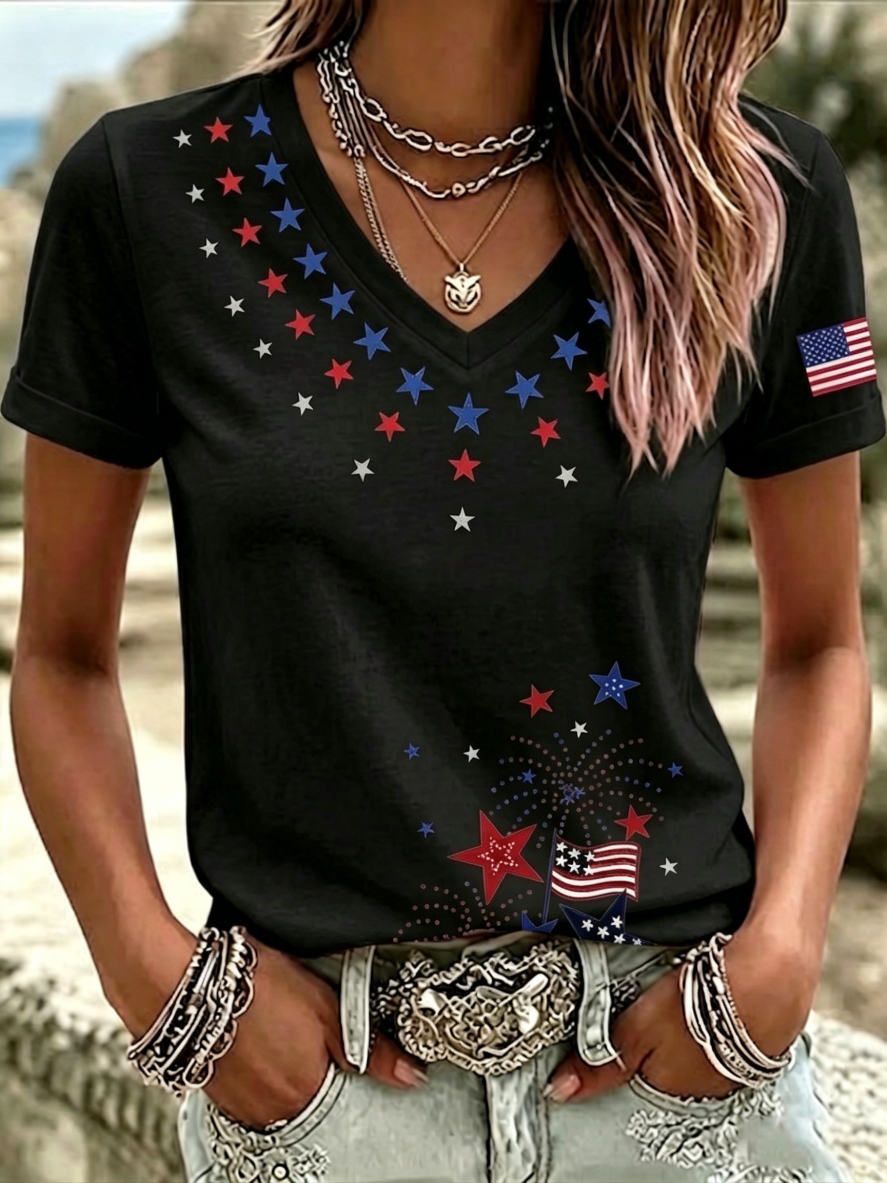 Women's 4th of July Star Fireworks American Flag V Neck T-Shirt, Patriotic USA Independence Day Short Sleeve Casual Tee