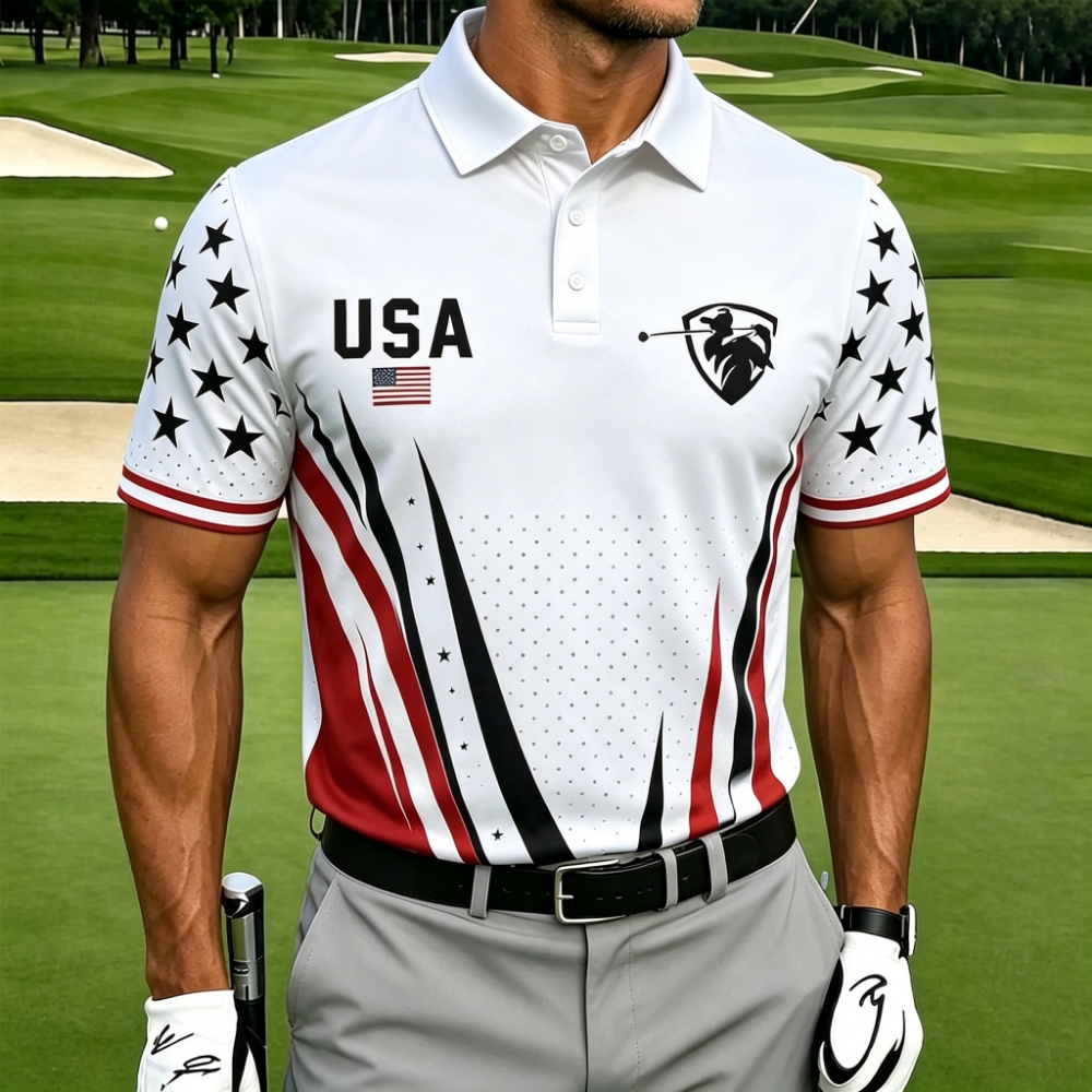 [Copy]Men's USA Flag Print Quarter-Zip Polo Shirt, Patriotic Short Sleeve Golf Top