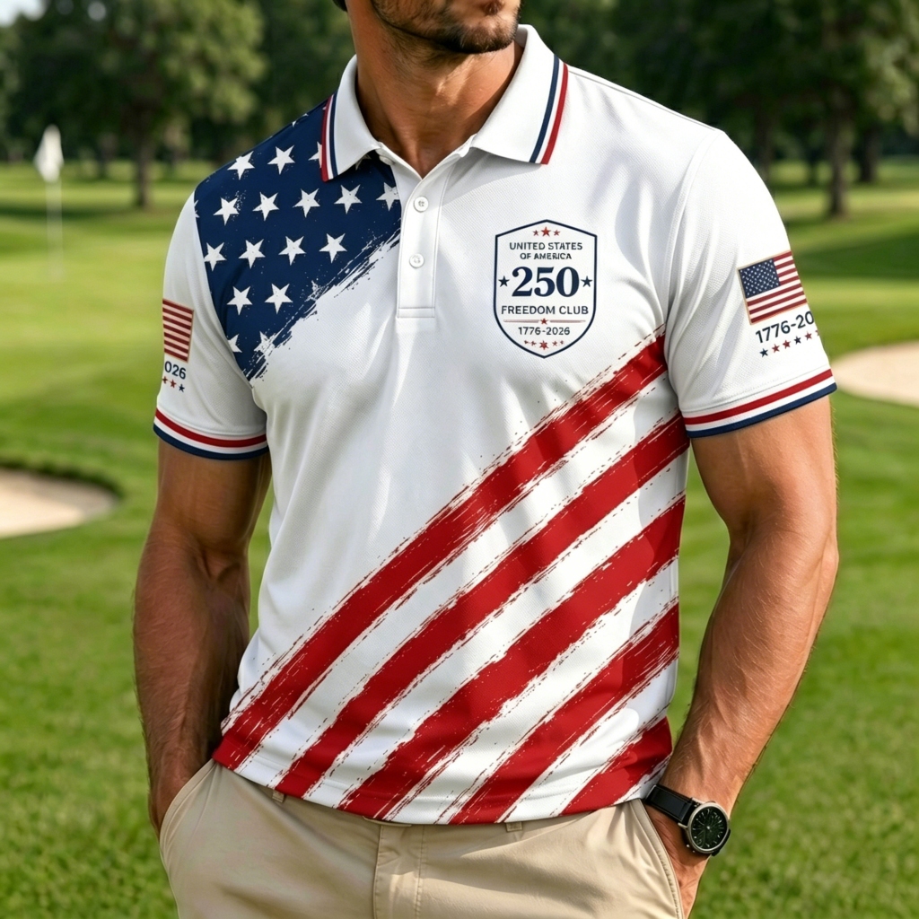 USA 250th Anniversary Golf Polo Shirt – Diagonal Flag, Fireworks & Eagle Print, Patriotic Quick Dry Short Sleeve Top