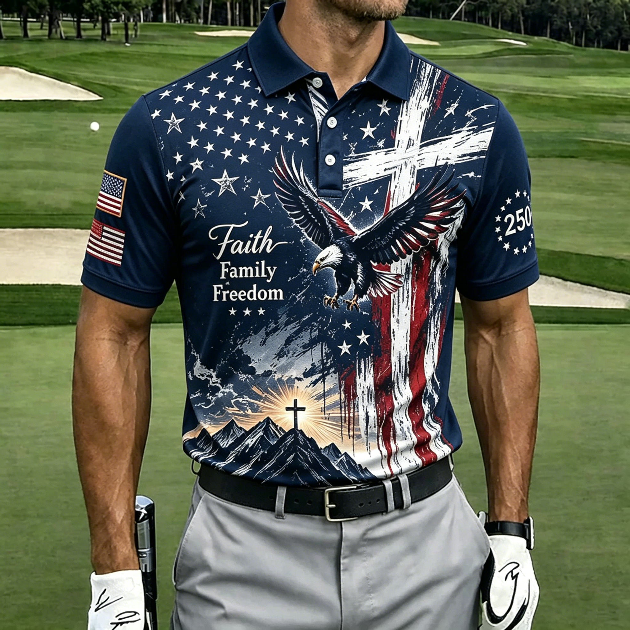 250th Patriotic Eagle Star Sleeve Patch Crew Neck T-Shirt for Men