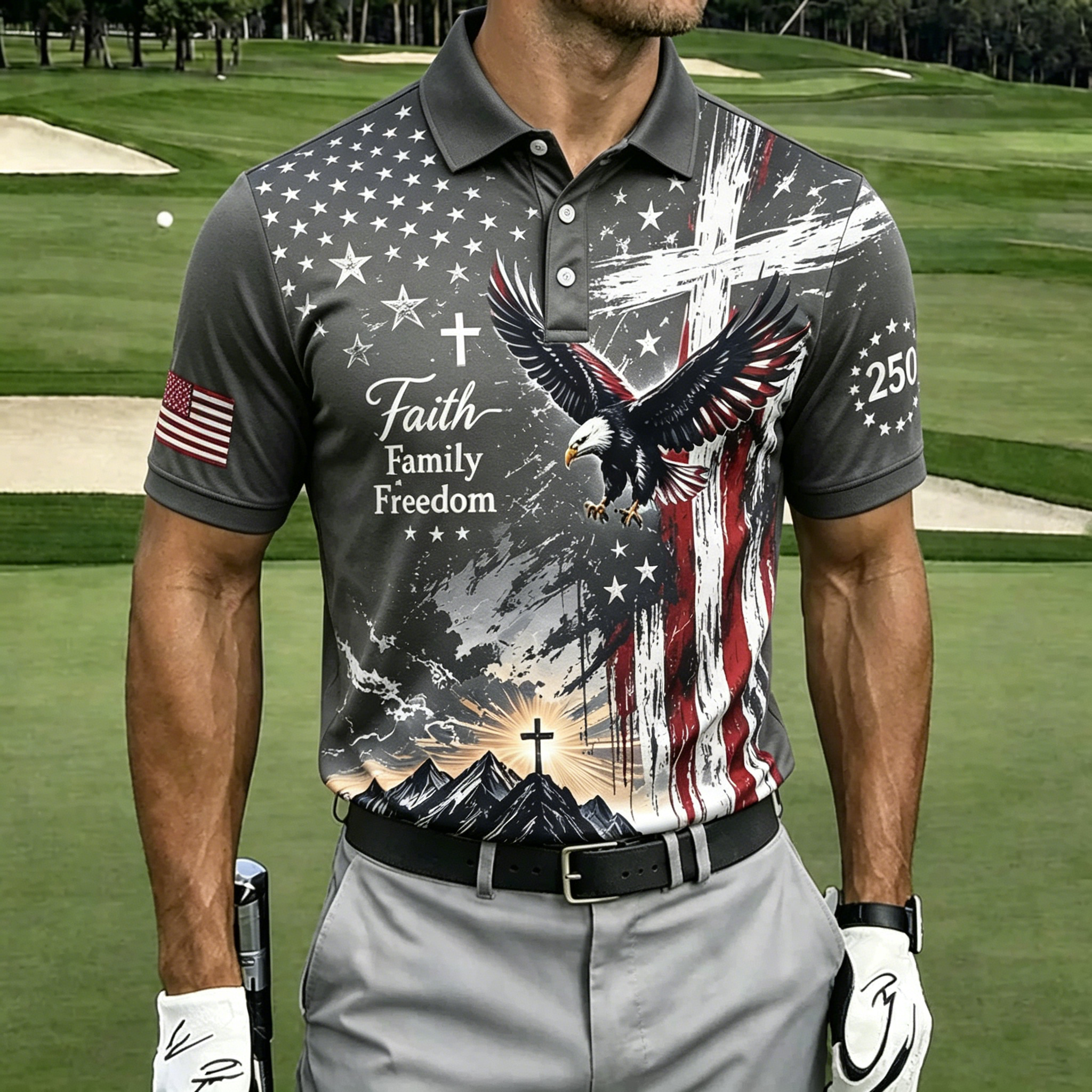 250th Patriotic Eagle Star Sleeve Patch Crew Neck T-Shirt for Men