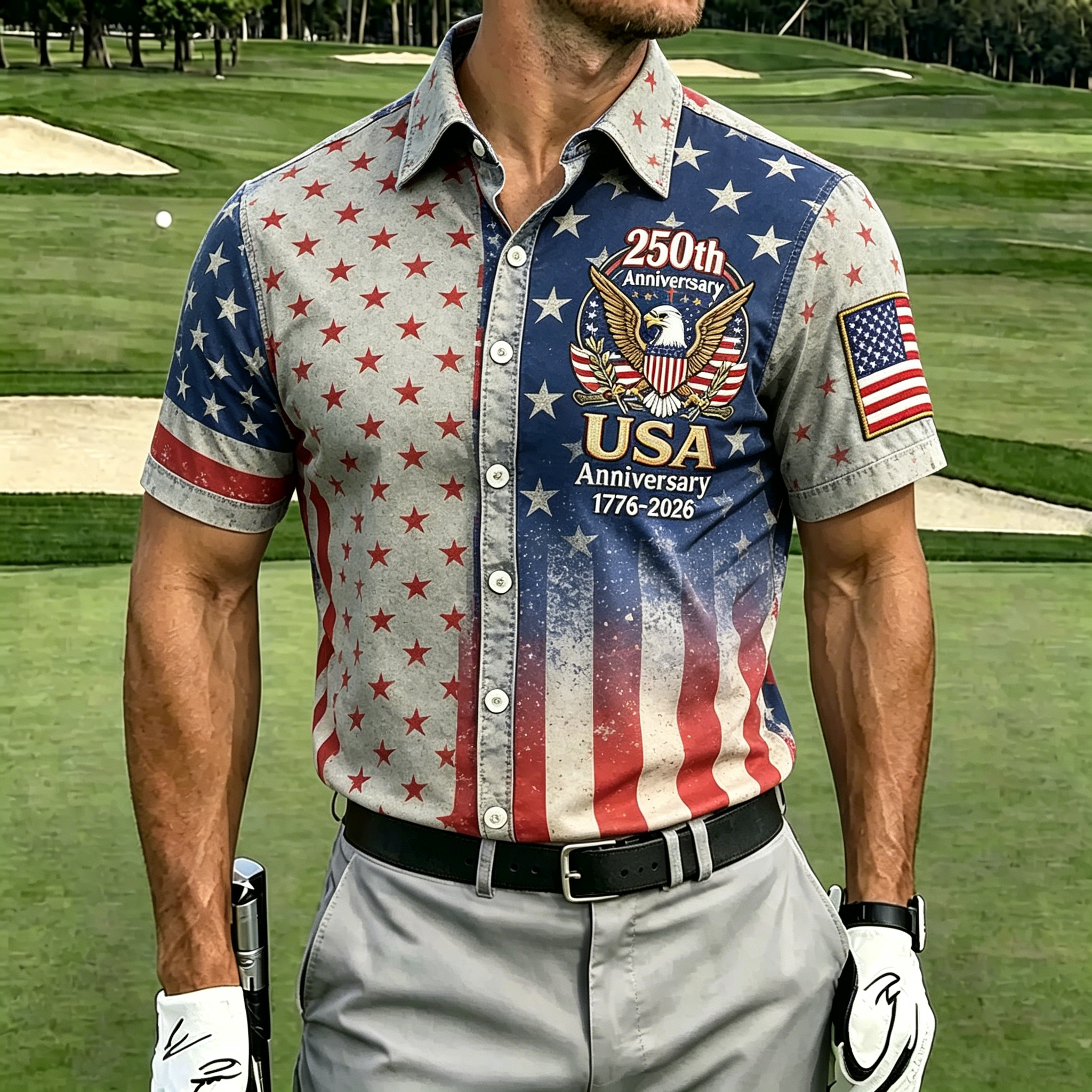 USA 250th Anniversary Denim Button-Down Shirt – Vintage American Flag & Eagle Print, Patriotic Short Sleeve Casual Top