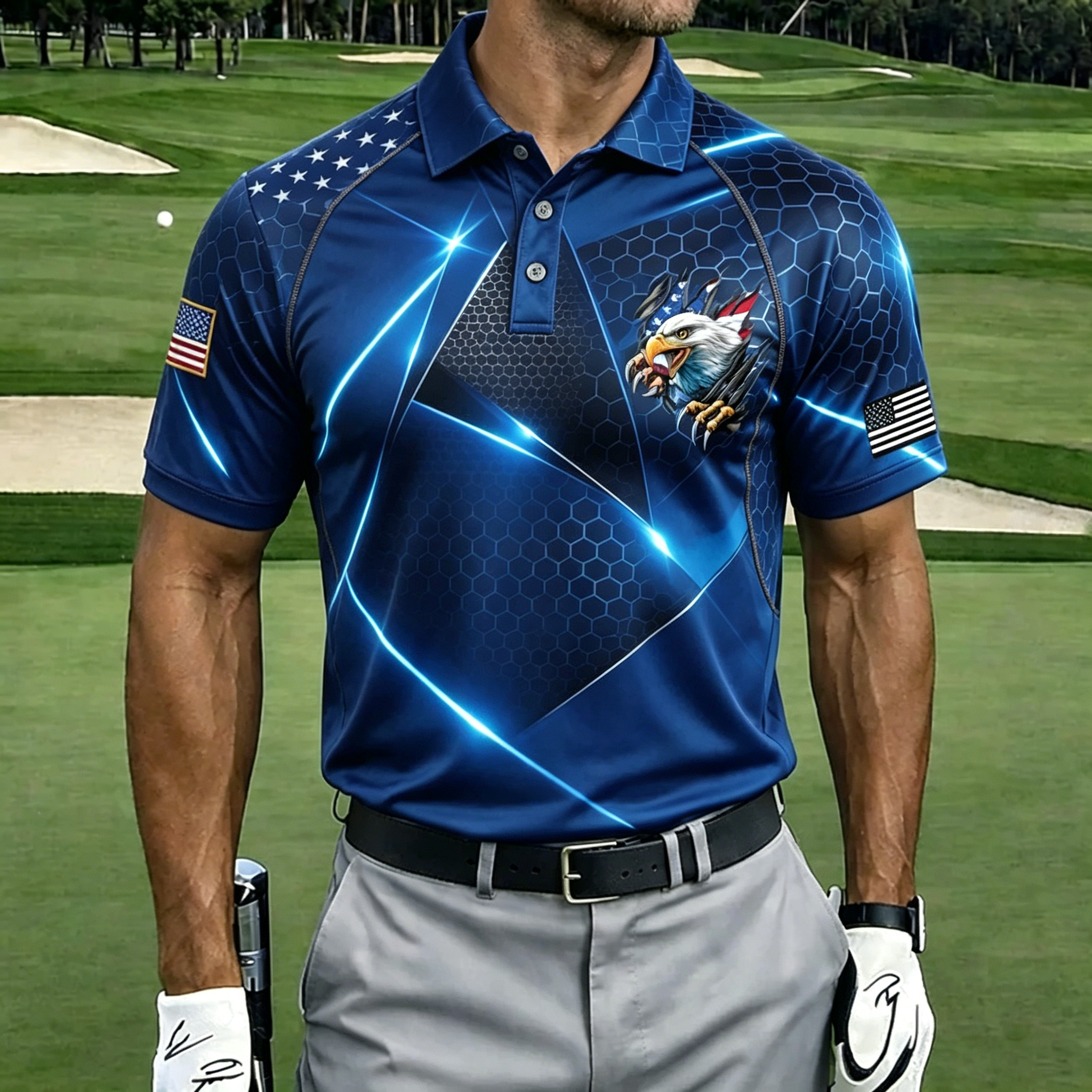 Men’s American Flag Eagle Golf Shirt, Moisture-Wicking Patriotic Short Sleeve Polo