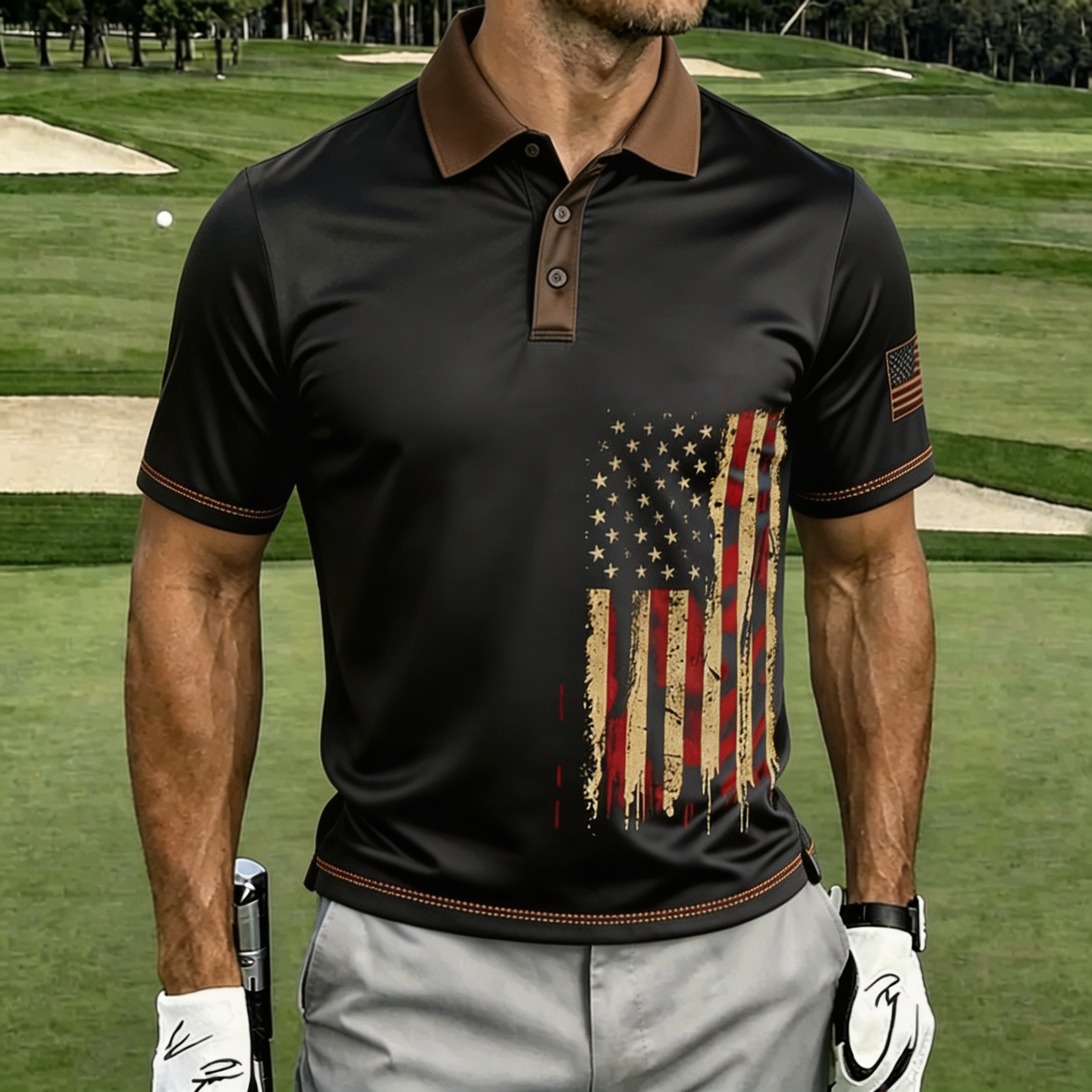 USA Flag Argyle Pattern Golf Shirt, Men’s Athletic Performance Polo for Sports & Casual