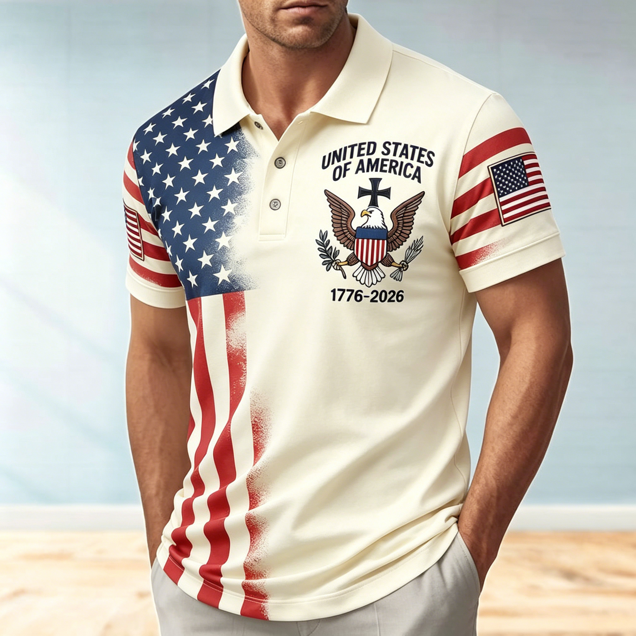 USA 250th Anniversary 1776-2026 Bald Eagle Patriotic Golf Polo Shirt | American Flag Short Sleeve Polo