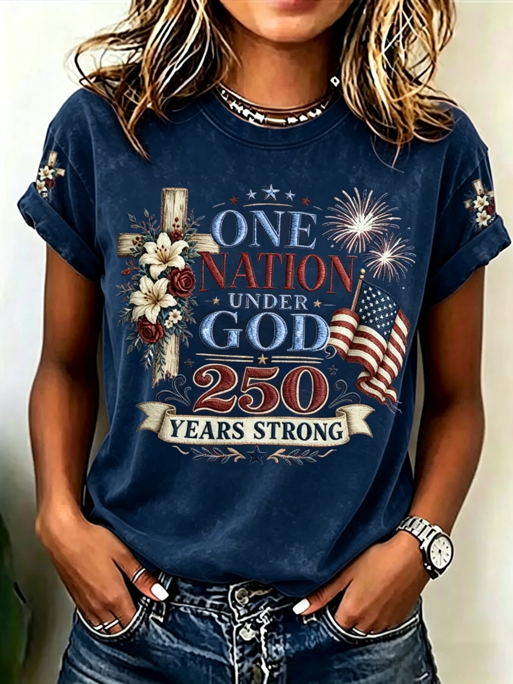 Women's "One Nation Under God 250 Years Strong" Patriotic Cross & Flag Print Short-Sleeve T-Shirt