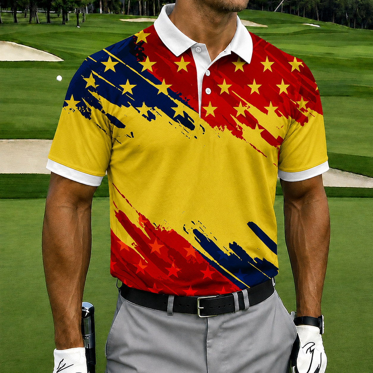 Retro Grunge USA Flag Mens Polo – Diagonal Paint Splash Star Stripe Graphic, Quick Dry Summer Sports Casual Top