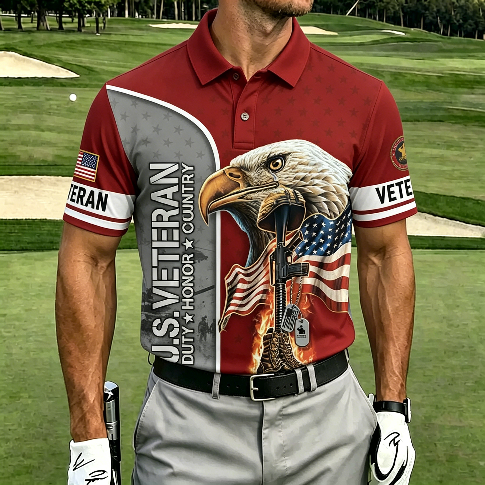 U.S. Veteran Eagle & American Flag Golf Polo Shirt – All Over Print, Moisture-Wicking, Patriotic Tribute
