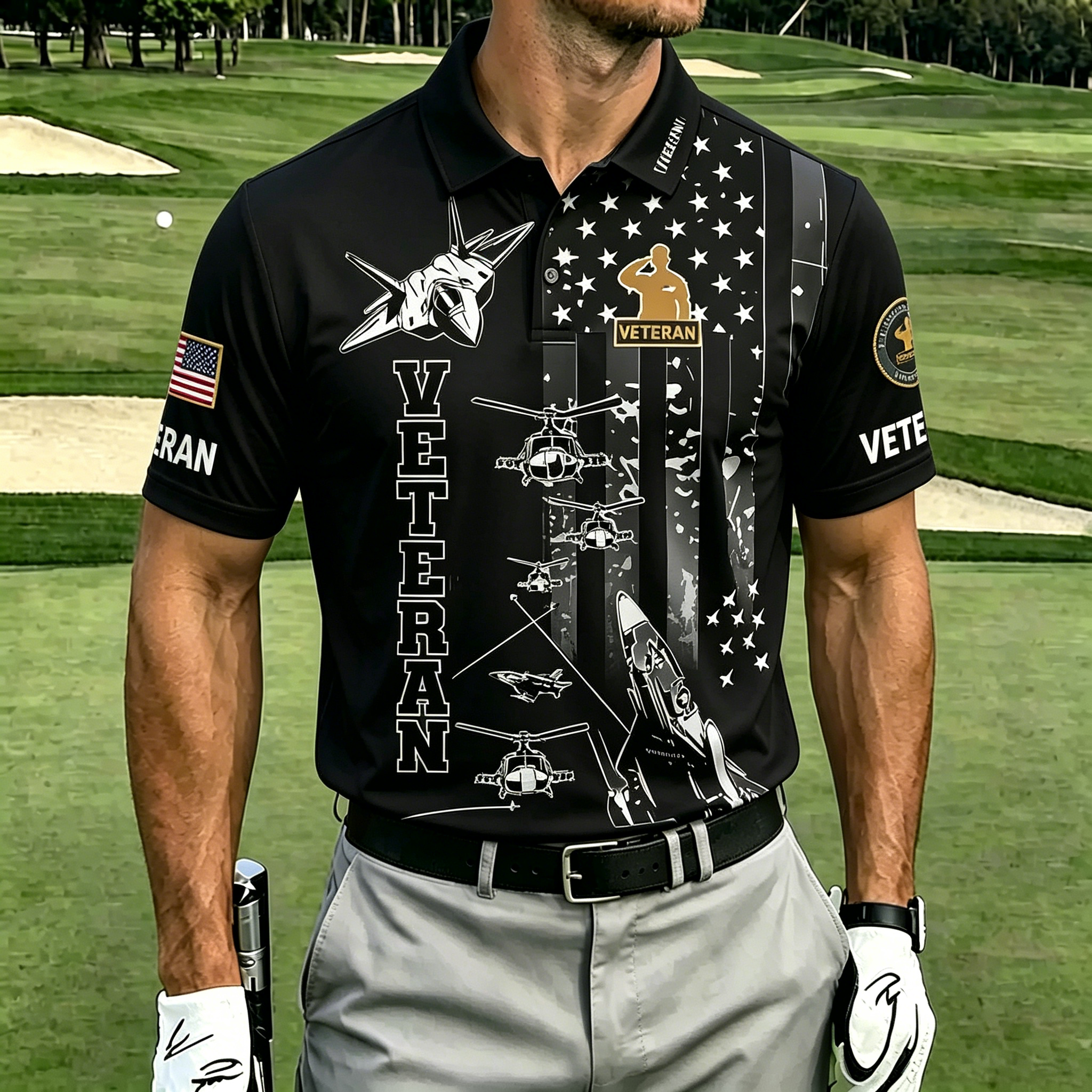 U.S. Veteran Military Aircraft Flag Golf Polo Shirt – All Over Print, Moisture-Wicking, Patriotic Tribute