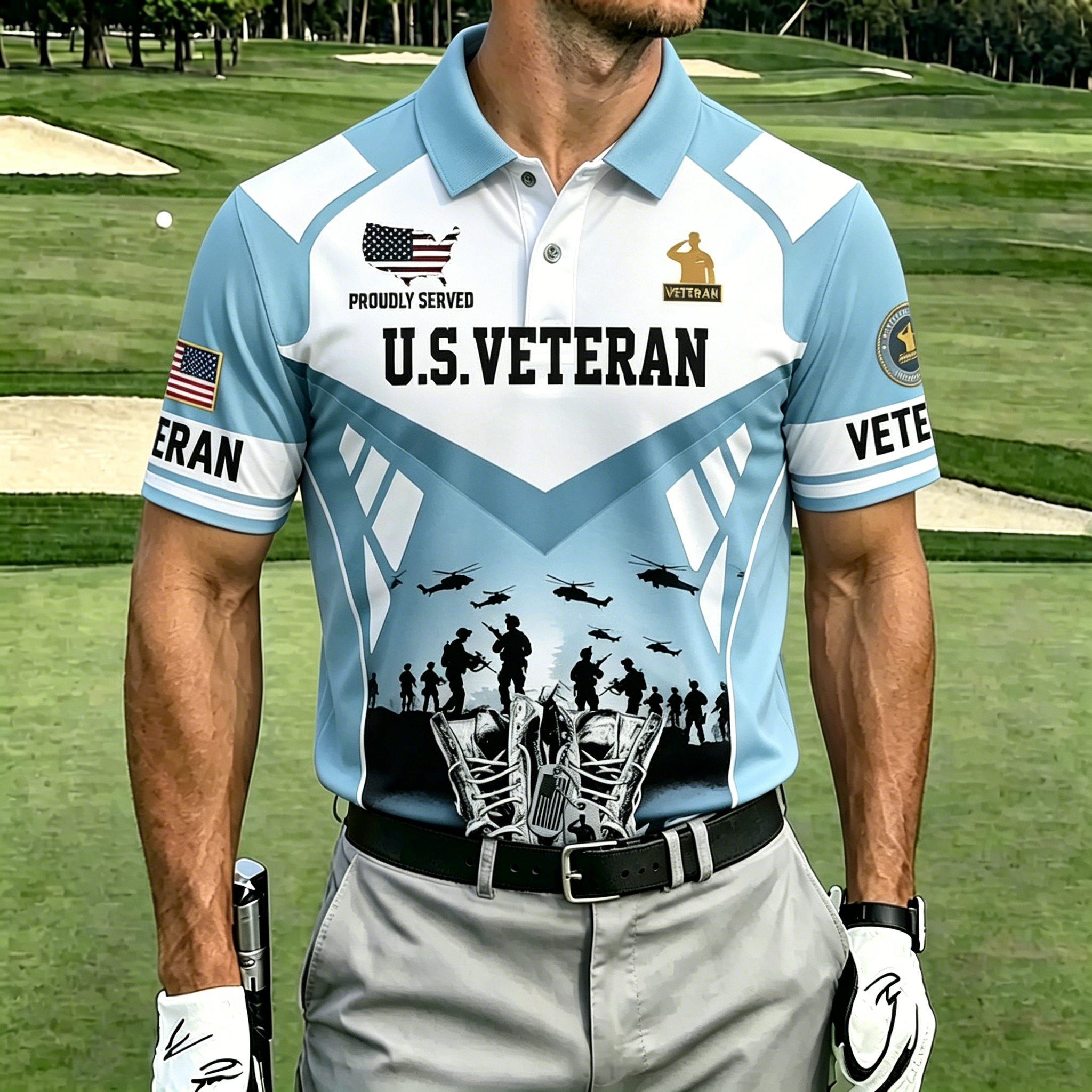 [Copy]U.S. Veteran Military Aircraft Flag Golf Polo Shirt – All Over Print, Moisture-Wicking, Patriotic Tribute