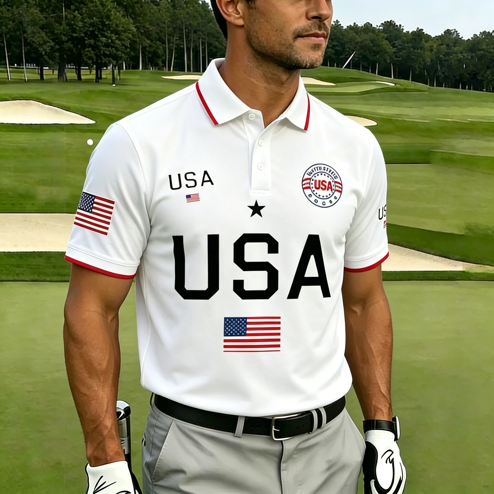 America 250th Anniversary Golf Polo Shirt – Navy Blue with Presidential Seal & Diagonal "AMERICA 250" Print, Patriotic Performance Top