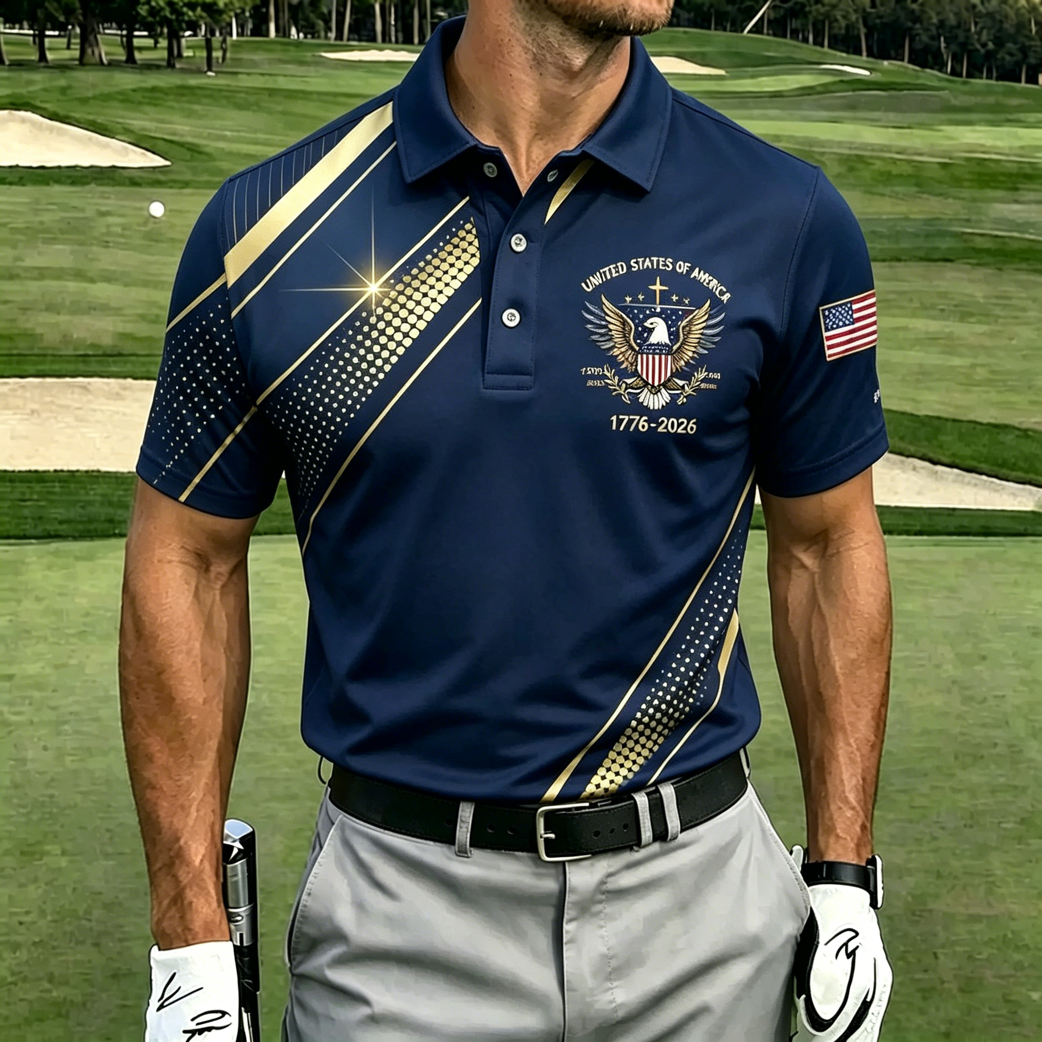 USA 250th Anniversary Golf Polo Shirt – Navy & Gold, American Eagle Seal, Patriotic Flag Sleeve, Performance Quick Dry