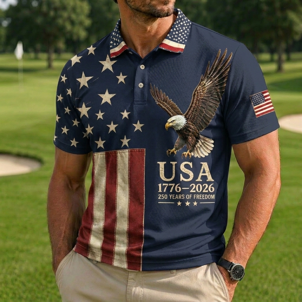 Men's Patriotic Eagle & USA Flag Print Golf Polo Shirt, 1776-2026 250 Years of Freedom Short Sleeve Casual Top