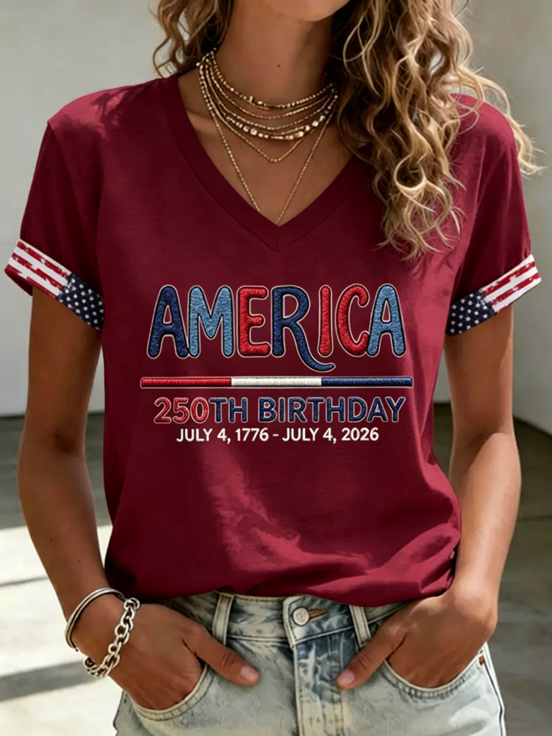 Patriotic USA 250th Anniversary T-Shirt, "AMERICA" Print Star-Stripe Cuff Casual Top