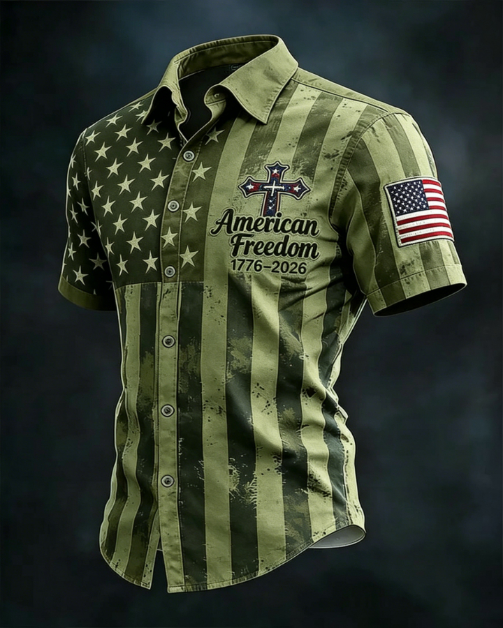American Freedom 1776-2026 Button-Down Shirt – Distressed American Flag Print with Patriotic Cross, Short Sleeve Casual Top