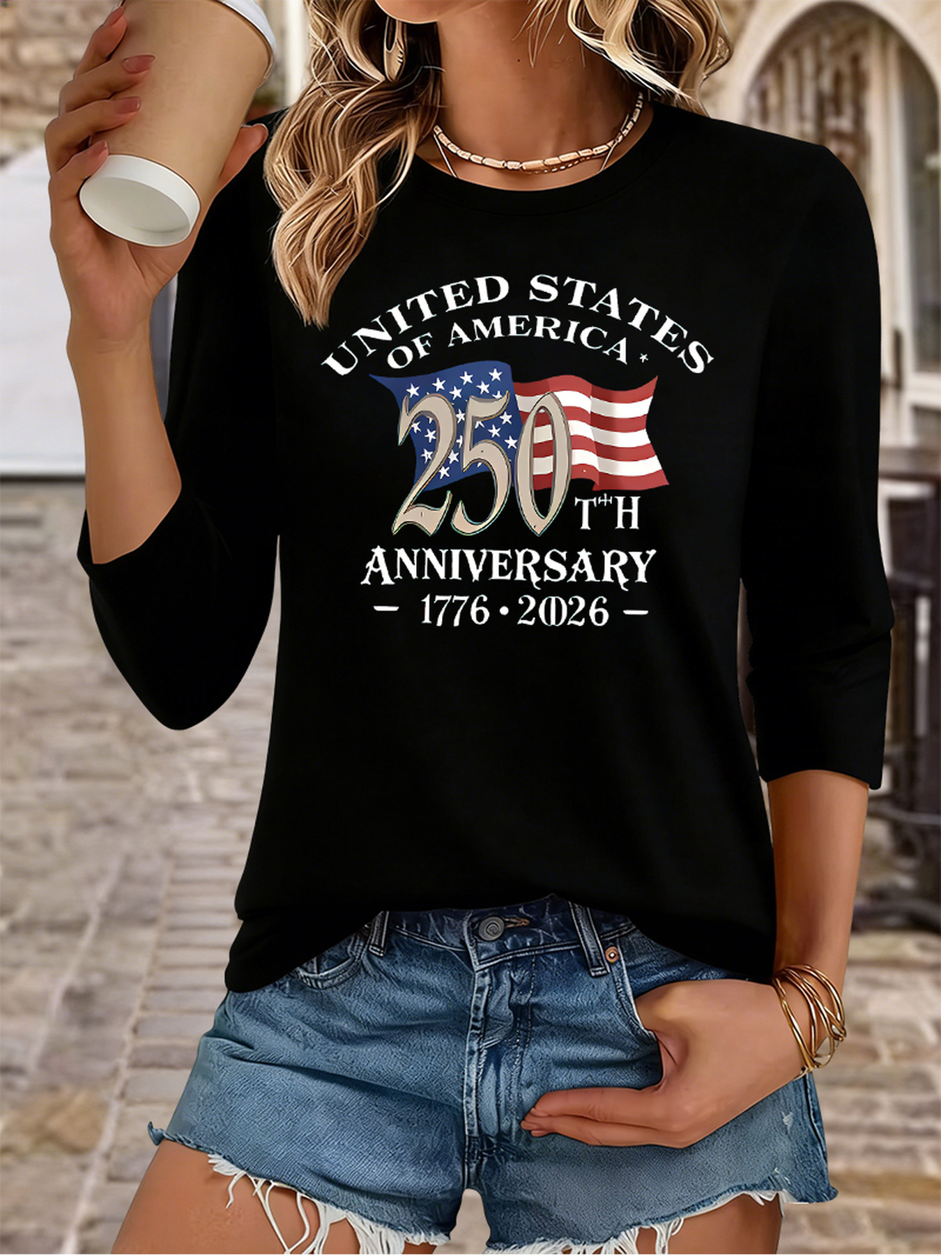 Women's USA 250th Anniversary 1776-2026 Flag Print 3/4 Sleeve Casual T-Shirt